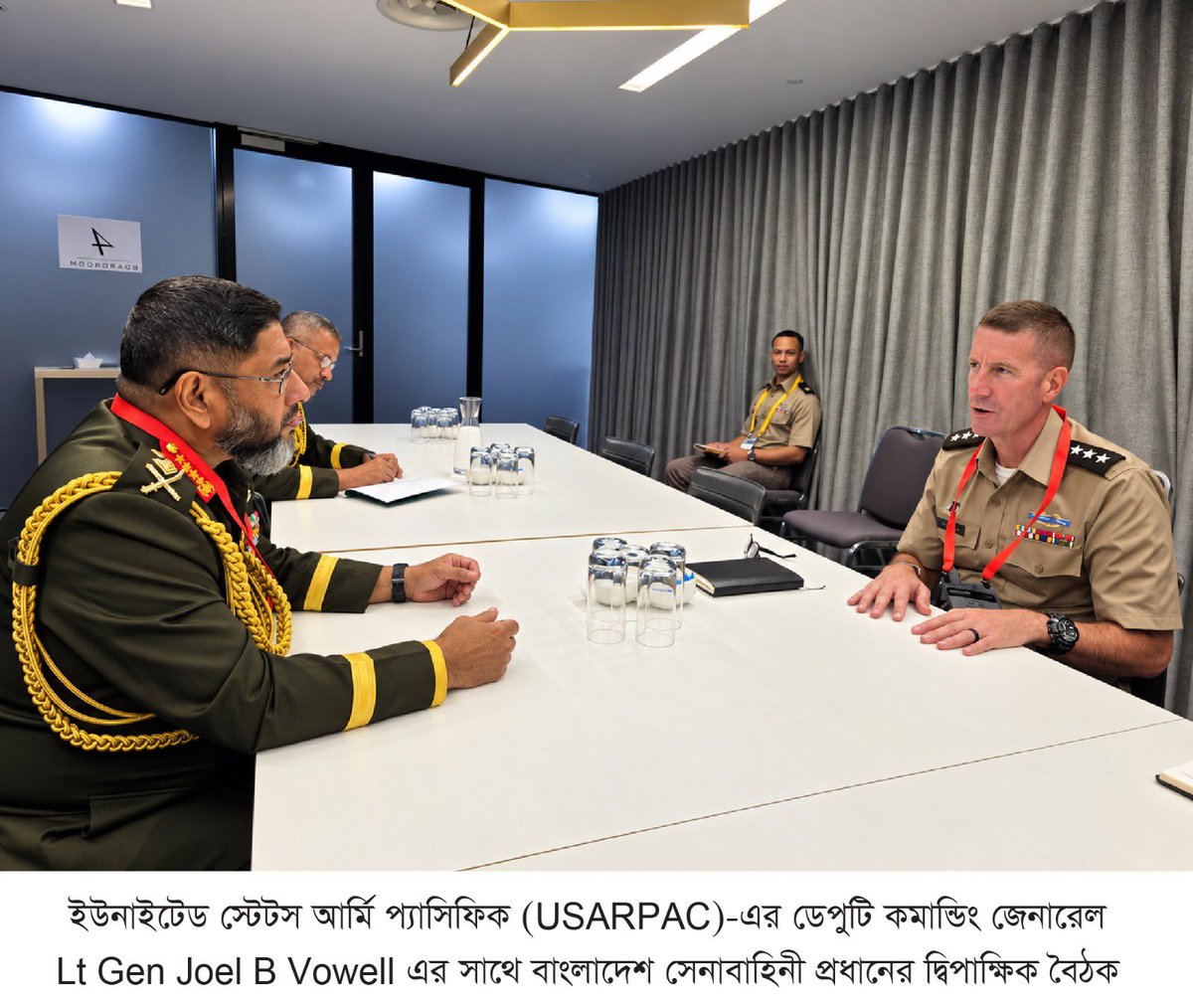 BDArmyOfficial's tweet photo. Chief of Army Staff Holds Bilateral Meetings with Senior Army Officials of Australia and the United States

Dhaka, 6 October 2026 (Tuesday): Chief of Army Staff of Bangladesh Army General Waqar-Uz-Zaman, SBP, OSP, SGP, psc, held separate bilateral meetings with Chief of the Australian Army Lieutenant General Susan Coyle, AM, CSC, DSM, and Deputy Commanding General of the United States Army Pacific (USARPAC) Lieutenant General Joel B Vowell on 5 October 2026, while attending the Land Forces International Land Defence Exposition and Chief of Army Symposium 2026 in Perth, Australia.

In his meeting with Chief of the Australian Army Lieutenant General Susan Coyle, AM, CSC, DSM, discussions focused on mutual military cooperation, training, capability development, and welfare initiatives. The Australian Army Chief commended the modernization efforts of the Bangladesh Army, while both sides emphasized further expanding training, exchange of experiences, and mutual cooperation.

In a separate meeting with Lieutenant General Joel B Vowell, discussions focused on enhancing cooperation and information sharing between the two armies. The meeting also covered the conduct of the Disaster Response Exercise and Exchange (DREE) to strengthen disaster response preparedness, the introduction of training courses at the Bangladesh Institute of Peace Support Operation Training (BIPSOT) with funding from the Global Peace Operations Initiative (GPOI), and increased participation of US military personnel in courses at the National Defence College (NDC) and Defence Services Command and Staff College (DSCSC) in Bangladesh.

যুক্তরাষ্ট্র ও অস্ট্রেলিয়ার সেনাবাহিনীর ঊর্ধ্বতন কর্মকর্তাদের সঙ্গে সেনাবাহিনী প্রধানের দ্বিপাক্ষিক বৈঠক

ঢাকা, ৬ অক্টোবর ২০২৬ (মঙ্গলবার): অস্ট্রেলিয়ার পার্থে অনুষ্ঠিত Land Forces International Land Defence Exposition and Chief of Army Symposium 2026-এ অংশগ্রহণকালে গত ৫ অক্টোবর ২০২৬ তারিখে বাংলাদেশ সেনাবাহিনী প্রধান জেনারেল ওয়াকার-উজ-জামান, এসবিপি, ওএসপি, এসজিপি, পিএসসি অস্ট্রেলিয়ান সেনাবাহিনী প্রধান Lieutenant General Susan Coyle, AM, CSC, DSM এবং United States Army Pacific (USARPAC)-এর Deputy Commanding General Lieutenant General Joel B Vowell-এর সঙ্গে পৃথক দ্বিপাক্ষিক বৈঠকে অংশগ্রহণ করেন।

অস্ট্রেলিয়ান সেনাবাহিনী প্রধান Lieutenant General Susan Coyle, AM, CSC, DSM-এর সঙ্গে বৈঠকে পারস্পরিক সামরিক সহযোগিতা, প্রশিক্ষণ, সক্ষমতা বৃদ্ধি ও কল্যাণমূলক কার্যক্রম নিয়ে আলোচনা হয়। অস্ট্রেলিয়ান সেনাবাহিনী প্রধান বাংলাদেশ সেনাবাহিনীর আধুনিকায়ন কার্যক্রমের প্রশংসা করেন এবং উভয় পক্ষ ভবিষ্যতে প্রশিক্ষণ, অভিজ্ঞতা বিনিময় ও পারস্পরিক সহযোগিতা আরও সম্প্রসারণের ওপর গুরুত্বারোপ করেন।

অন্যদিকে, Lieutenant General Joel B Vowell-এর সঙ্গে বৈঠকে দুই দেশের সেনাবাহিনীর মধ্যে সহযোগিতা ও তথ্য বিনিময় বৃদ্ধির বিষয়ে আলোচনা হয়। এ সময় দুর্যোগ মোকাবিলা প্রস্তুতি জোরদারে Disaster Response Exercise and Exchange (DREE) আয়োজন, Bangladesh Institute of Peace Support Operation Training (BIPSOT)-এ Global Peace Operations Initiative (GPOI)-এর অর্থায়নে প্রশিক্ষণ কোর্স চালু এবং বাংলাদেশের National Defence College (NDC) ও Defence Services Command and Staff College (DSCSC)-এ যুক্তরাষ্ট্রের প্রশিক্ষণার্থীদের অংশগ্রহণ বৃদ্ধির বিষয়ে আলোচনা করা হয়।