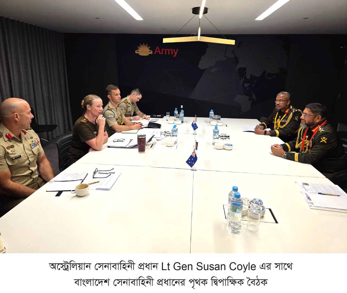 BDArmyOfficial's tweet photo. Chief of Army Staff Holds Bilateral Meetings with Senior Army Officials of Australia and the United States

Dhaka, 6 October 2026 (Tuesday): Chief of Army Staff of Bangladesh Army General Waqar-Uz-Zaman, SBP, OSP, SGP, psc, held separate bilateral meetings with Chief of the Australian Army Lieutenant General Susan Coyle, AM, CSC, DSM, and Deputy Commanding General of the United States Army Pacific (USARPAC) Lieutenant General Joel B Vowell on 5 October 2026, while attending the Land Forces International Land Defence Exposition and Chief of Army Symposium 2026 in Perth, Australia.

In his meeting with Chief of the Australian Army Lieutenant General Susan Coyle, AM, CSC, DSM, discussions focused on mutual military cooperation, training, capability development, and welfare initiatives. The Australian Army Chief commended the modernization efforts of the Bangladesh Army, while both sides emphasized further expanding training, exchange of experiences, and mutual cooperation.

In a separate meeting with Lieutenant General Joel B Vowell, discussions focused on enhancing cooperation and information sharing between the two armies. The meeting also covered the conduct of the Disaster Response Exercise and Exchange (DREE) to strengthen disaster response preparedness, the introduction of training courses at the Bangladesh Institute of Peace Support Operation Training (BIPSOT) with funding from the Global Peace Operations Initiative (GPOI), and increased participation of US military personnel in courses at the National Defence College (NDC) and Defence Services Command and Staff College (DSCSC) in Bangladesh.

যুক্তরাষ্ট্র ও অস্ট্রেলিয়ার সেনাবাহিনীর ঊর্ধ্বতন কর্মকর্তাদের সঙ্গে সেনাবাহিনী প্রধানের দ্বিপাক্ষিক বৈঠক

ঢাকা, ৬ অক্টোবর ২০২৬ (মঙ্গলবার): অস্ট্রেলিয়ার পার্থে অনুষ্ঠিত Land Forces International Land Defence Exposition and Chief of Army Symposium 2026-এ অংশগ্রহণকালে গত ৫ অক্টোবর ২০২৬ তারিখে বাংলাদেশ সেনাবাহিনী প্রধান জেনারেল ওয়াকার-উজ-জামান, এসবিপি, ওএসপি, এসজিপি, পিএসসি অস্ট্রেলিয়ান সেনাবাহিনী প্রধান Lieutenant General Susan Coyle, AM, CSC, DSM এবং United States Army Pacific (USARPAC)-এর Deputy Commanding General Lieutenant General Joel B Vowell-এর সঙ্গে পৃথক দ্বিপাক্ষিক বৈঠকে অংশগ্রহণ করেন।

অস্ট্রেলিয়ান সেনাবাহিনী প্রধান Lieutenant General Susan Coyle, AM, CSC, DSM-এর সঙ্গে বৈঠকে পারস্পরিক সামরিক সহযোগিতা, প্রশিক্ষণ, সক্ষমতা বৃদ্ধি ও কল্যাণমূলক কার্যক্রম নিয়ে আলোচনা হয়। অস্ট্রেলিয়ান সেনাবাহিনী প্রধান বাংলাদেশ সেনাবাহিনীর আধুনিকায়ন কার্যক্রমের প্রশংসা করেন এবং উভয় পক্ষ ভবিষ্যতে প্রশিক্ষণ, অভিজ্ঞতা বিনিময় ও পারস্পরিক সহযোগিতা আরও সম্প্রসারণের ওপর গুরুত্বারোপ করেন।

অন্যদিকে, Lieutenant General Joel B Vowell-এর সঙ্গে বৈঠকে দুই দেশের সেনাবাহিনীর মধ্যে সহযোগিতা ও তথ্য বিনিময় বৃদ্ধির বিষয়ে আলোচনা হয়। এ সময় দুর্যোগ মোকাবিলা প্রস্তুতি জোরদারে Disaster Response Exercise and Exchange (DREE) আয়োজন, Bangladesh Institute of Peace Support Operation Training (BIPSOT)-এ Global Peace Operations Initiative (GPOI)-এর অর্থায়নে প্রশিক্ষণ কোর্স চালু এবং বাংলাদেশের National Defence College (NDC) ও Defence Services Command and Staff College (DSCSC)-এ যুক্তরাষ্ট্রের প্রশিক্ষণার্থীদের অংশগ্রহণ বৃদ্ধির বিষয়ে আলোচনা করা হয়।