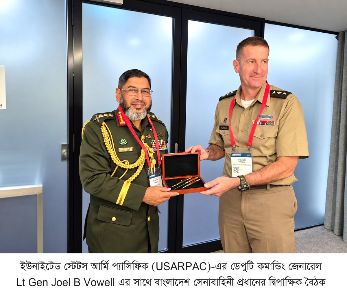 BDArmyOfficial's tweet photo. Chief of Army Staff Holds Bilateral Meetings with Senior Army Officials of Australia and the United States

Dhaka, 6 October 2026 (Tuesday): Chief of Army Staff of Bangladesh Army General Waqar-Uz-Zaman, SBP, OSP, SGP, psc, held separate bilateral meetings with Chief of the Australian Army Lieutenant General Susan Coyle, AM, CSC, DSM, and Deputy Commanding General of the United States Army Pacific (USARPAC) Lieutenant General Joel B Vowell on 5 October 2026, while attending the Land Forces International Land Defence Exposition and Chief of Army Symposium 2026 in Perth, Australia.

In his meeting with Chief of the Australian Army Lieutenant General Susan Coyle, AM, CSC, DSM, discussions focused on mutual military cooperation, training, capability development, and welfare initiatives. The Australian Army Chief commended the modernization efforts of the Bangladesh Army, while both sides emphasized further expanding training, exchange of experiences, and mutual cooperation.

In a separate meeting with Lieutenant General Joel B Vowell, discussions focused on enhancing cooperation and information sharing between the two armies. The meeting also covered the conduct of the Disaster Response Exercise and Exchange (DREE) to strengthen disaster response preparedness, the introduction of training courses at the Bangladesh Institute of Peace Support Operation Training (BIPSOT) with funding from the Global Peace Operations Initiative (GPOI), and increased participation of US military personnel in courses at the National Defence College (NDC) and Defence Services Command and Staff College (DSCSC) in Bangladesh.

যুক্তরাষ্ট্র ও অস্ট্রেলিয়ার সেনাবাহিনীর ঊর্ধ্বতন কর্মকর্তাদের সঙ্গে সেনাবাহিনী প্রধানের দ্বিপাক্ষিক বৈঠক

ঢাকা, ৬ অক্টোবর ২০২৬ (মঙ্গলবার): অস্ট্রেলিয়ার পার্থে অনুষ্ঠিত Land Forces International Land Defence Exposition and Chief of Army Symposium 2026-এ অংশগ্রহণকালে গত ৫ অক্টোবর ২০২৬ তারিখে বাংলাদেশ সেনাবাহিনী প্রধান জেনারেল ওয়াকার-উজ-জামান, এসবিপি, ওএসপি, এসজিপি, পিএসসি অস্ট্রেলিয়ান সেনাবাহিনী প্রধান Lieutenant General Susan Coyle, AM, CSC, DSM এবং United States Army Pacific (USARPAC)-এর Deputy Commanding General Lieutenant General Joel B Vowell-এর সঙ্গে পৃথক দ্বিপাক্ষিক বৈঠকে অংশগ্রহণ করেন।

অস্ট্রেলিয়ান সেনাবাহিনী প্রধান Lieutenant General Susan Coyle, AM, CSC, DSM-এর সঙ্গে বৈঠকে পারস্পরিক সামরিক সহযোগিতা, প্রশিক্ষণ, সক্ষমতা বৃদ্ধি ও কল্যাণমূলক কার্যক্রম নিয়ে আলোচনা হয়। অস্ট্রেলিয়ান সেনাবাহিনী প্রধান বাংলাদেশ সেনাবাহিনীর আধুনিকায়ন কার্যক্রমের প্রশংসা করেন এবং উভয় পক্ষ ভবিষ্যতে প্রশিক্ষণ, অভিজ্ঞতা বিনিময় ও পারস্পরিক সহযোগিতা আরও সম্প্রসারণের ওপর গুরুত্বারোপ করেন।

অন্যদিকে, Lieutenant General Joel B Vowell-এর সঙ্গে বৈঠকে দুই দেশের সেনাবাহিনীর মধ্যে সহযোগিতা ও তথ্য বিনিময় বৃদ্ধির বিষয়ে আলোচনা হয়। এ সময় দুর্যোগ মোকাবিলা প্রস্তুতি জোরদারে Disaster Response Exercise and Exchange (DREE) আয়োজন, Bangladesh Institute of Peace Support Operation Training (BIPSOT)-এ Global Peace Operations Initiative (GPOI)-এর অর্থায়নে প্রশিক্ষণ কোর্স চালু এবং বাংলাদেশের National Defence College (NDC) ও Defence Services Command and Staff College (DSCSC)-এ যুক্তরাষ্ট্রের প্রশিক্ষণার্থীদের অংশগ্রহণ বৃদ্ধির বিষয়ে আলোচনা করা হয়।