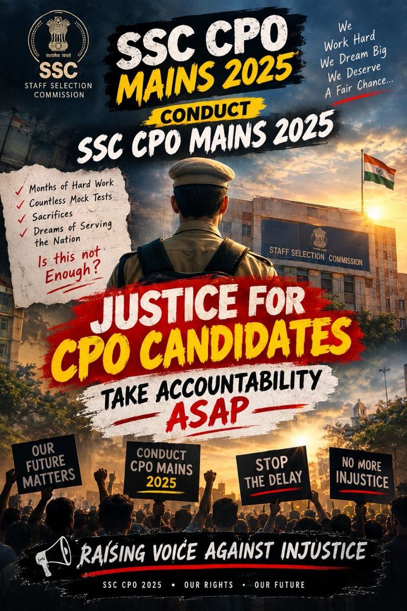 harshsharma_995's tweet photo. CPO 2025 Paper-1 हुए 10 महीने बीत चुके हैं, फिर भी Mains की तारीख तक जारी नहीं हुई। Paper-1 और Physical पास करके बच्चे पूरी मेहनत से तैयारी कर रहे हैं, उन्हें कम से कम clarity तो मिलनी चाहिए। @DoPTGoI @DrJitendraSingh #ConductCPOMains2025 #JusticeForCPO2025 
#ConductCPOMains2025 https://t.co/3RAHYOh6A9