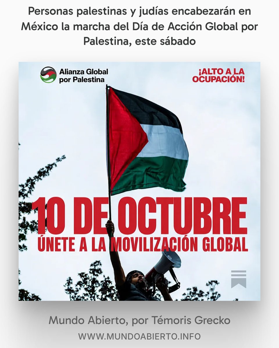 temoris's tweet photo. Este sábado se celebrará el Día de Acción Global por Palestina. En Ciudad de México, iniciará a las 12 pm con una marcha del Ángel de la Independencia a la Plaza Palestina Libre (Alameda Central) que será encabezada por personas palestinas y judías. Después habrá una jornada de actividades artísticas.

El domingo, presentaré mi nuevo libro "Gaza, Israel y Medio Oriente. Ruptura y reconfiguración del nuevo orden mundial" en la Feria Internacional del Libro del Zócalo (Foro Rodolfo Walsh, 14.15 horas).

Léelo aquí: https://t.co/c1aukV6Rnw