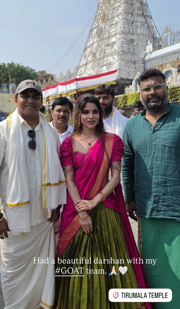 Lokesh27993374's tweet photo. Heroine @divyabarti2801 and Goat movie team visited Tirumala and sought the divine blessings of Lord Sri Venkateswara Swamy.

#GoatOnNov12th #GoatTheMovie https://t.co/bpBl4y0Oir