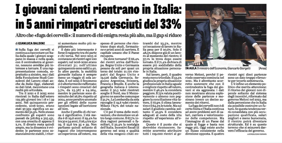 GiulioCentemero's tweet photo. 🇮🇹 In 5 anni i rientri dei giovani talenti sono cresciuti del 33%.

Un dato positivo, ma non basta far tornare gli italiani: dobbiamo rendere l’Italia un Paese capace di attrarre capitale umano da tutto il mondo.

Per questo il regime degli #impatriati non è un “regalo fiscale”: è politica industriale.

Talenti, startup, ricerca, innovazione e capitali si muovono insieme. E i Paesi competono per attrarli.

La vera sfida è passare dalla fuga dei cervelli alla competizione globale per i cervelli.