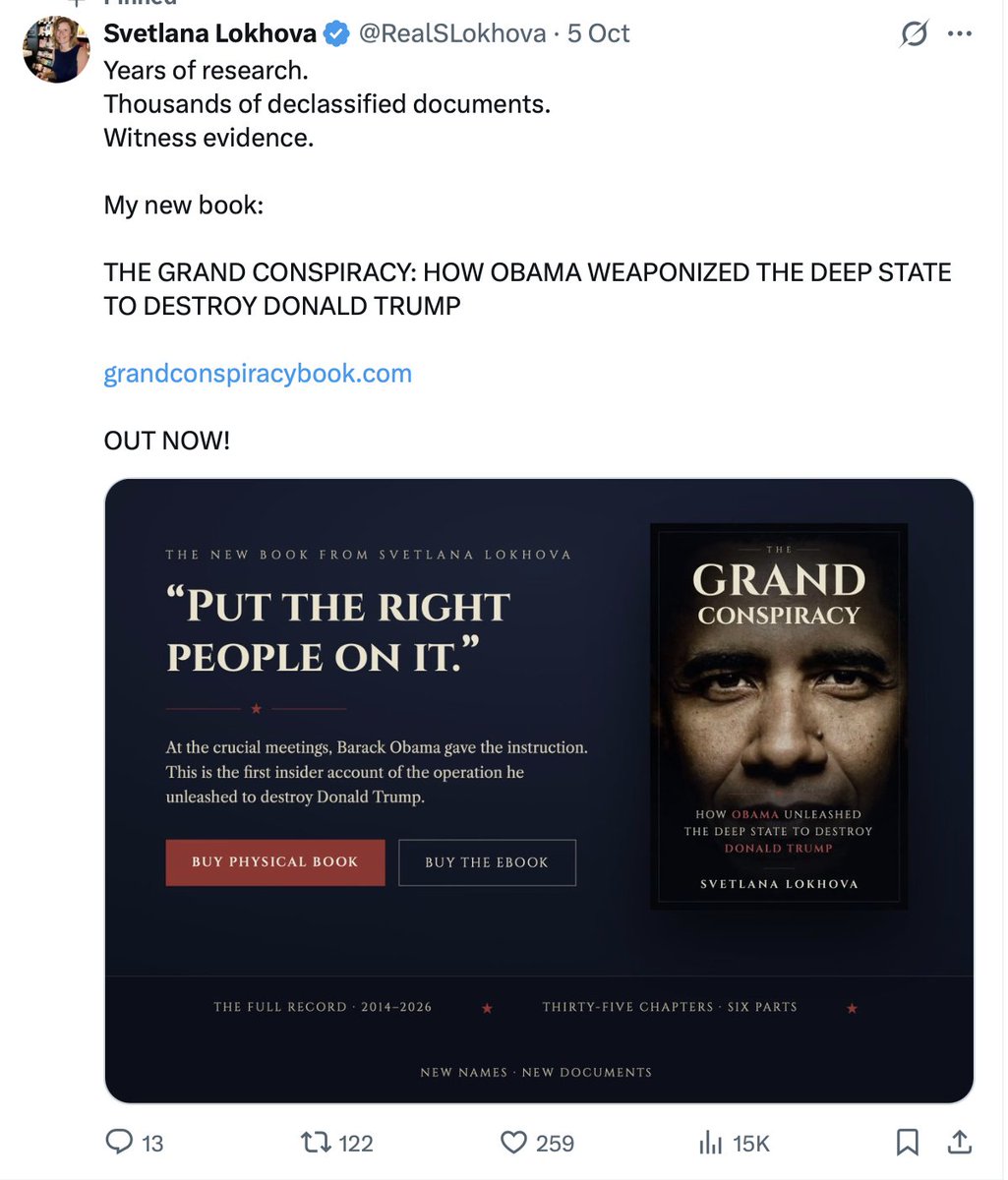 RealSLokhova's tweet photo. Elon @elonmusk I have 160 k followers. This post was only shown to 15 k. 

It took me years to write this book. I am a key witness to the conspiracy against President Trump, and a professional historian. I assisted Special Counsel Durham for four years and have been trained by the investigators. This book is testimonial and document-based, as well as a great read. It's really important that the people read it before Brennan and other Obama’s other henchmen testify before the Grand Jury in TEN DAYS' time. 

This book is foundational. I announced it on @X to make sure the American people read the truth. I planned a series of videos and document posts around the release. I don't have a big publishing house behind me. Which means I could get the book out quickly and without censorship. 

But it also means I need everyone's support!