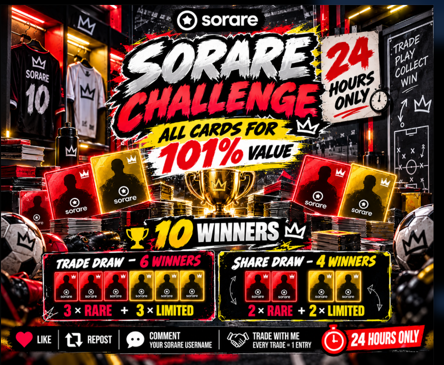 PawelTrader_'s tweet photo. 🚨 SORARE CHALLENGE IS LIVE! 🚨

🔥 ALL CARDS FOR 101% VALUE 🔥
⏰ 24 HOURS ONLY
🏆 10 WINNERS

🔄 TRADE DRAW — 6 WINNERS
🔴 3× Rare
🟡 3× Limited

📣 SHARE DRAW — 4 WINNERS
🔴 2× Rare
🟡 2× Limited

HOW TO ENTER 👇
❤️ LIKE
🔁 REPOST
💬 COMMENT YOUR SORARE USERNAME
🤝 TRADE WITH ME → every trade = 1 entry 🎟️

🔥 101% VALUE. 10 WINNERS. 24 HOURS.
Don't sleep on this one. 👀⚽
#Sorare