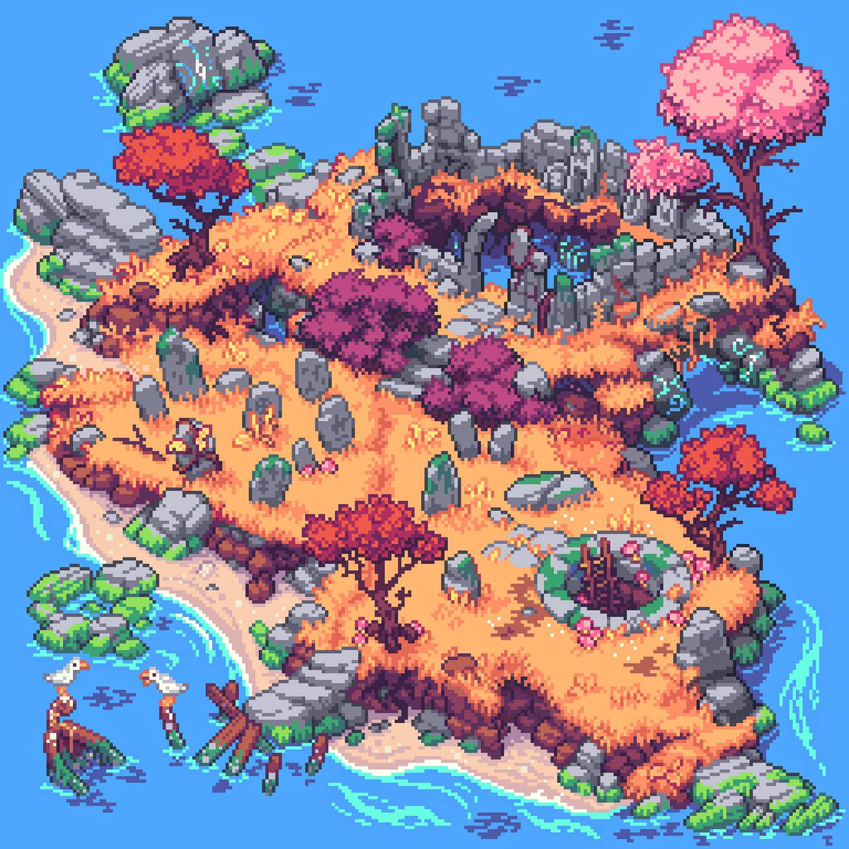 TransientCode's tweet photo. Another autumn themed island I made a while back 
#pixelart https://t.co/WQLFg67nZW