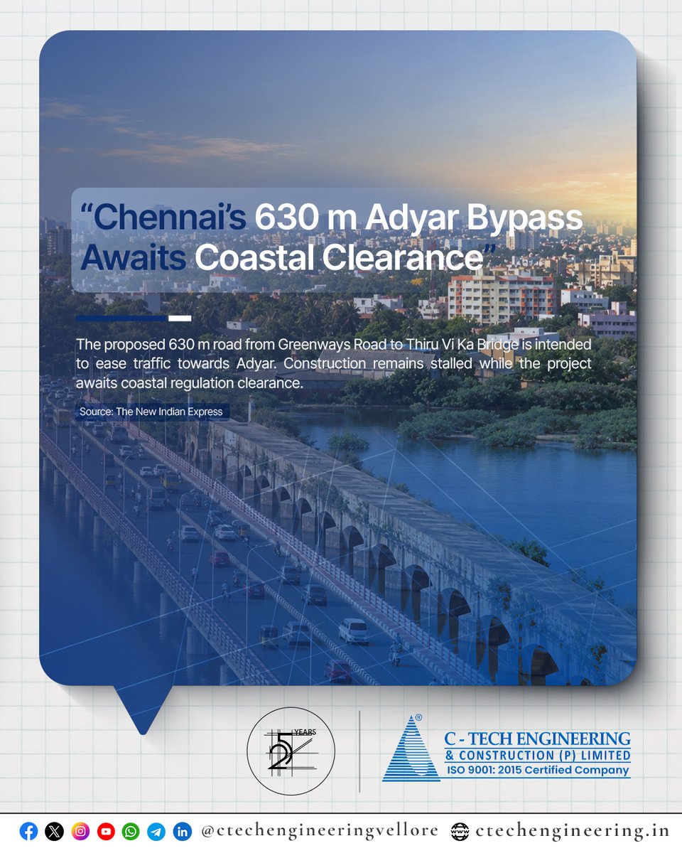 CtechEngVellore's tweet photo. 🚧 Chennai’s proposed 630 m Adyar bypass awaits coastal clearance.

Planned to connect Greenways Road with the Thiru Vi Ka Bridge area, it aims to ease traffic towards Adyar.

Source: The New Indian Express

#ChennaiInfrastructure #CTechEngineering https://t.co/kSgE1oKyry