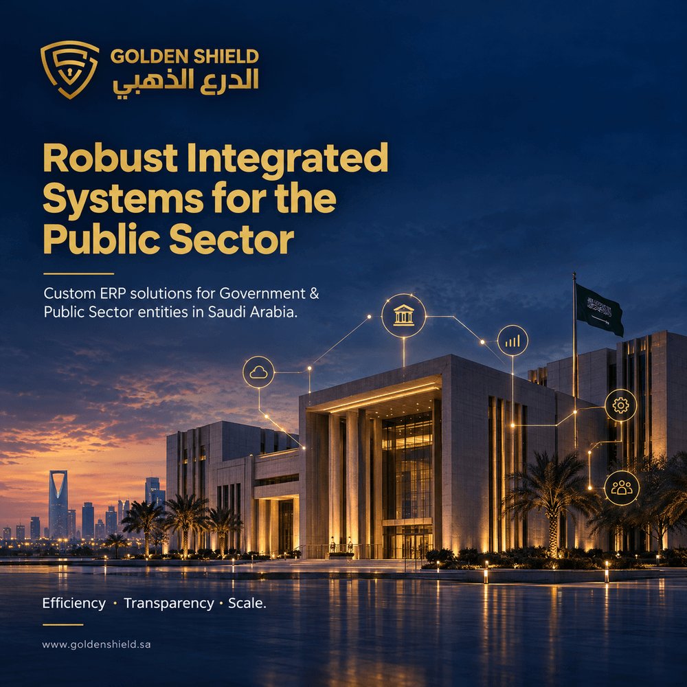 GoldenShieldHQ's tweet photo. Streamlining public sector operations requires robust integrated systems.🏛️
 Golden Shield specializes in developing custom ERP solutions that enhance operations for Government entities in KSA.
 #GoldenShield #ERP #DigitalTransformation https://t.co/kXNpDfybza