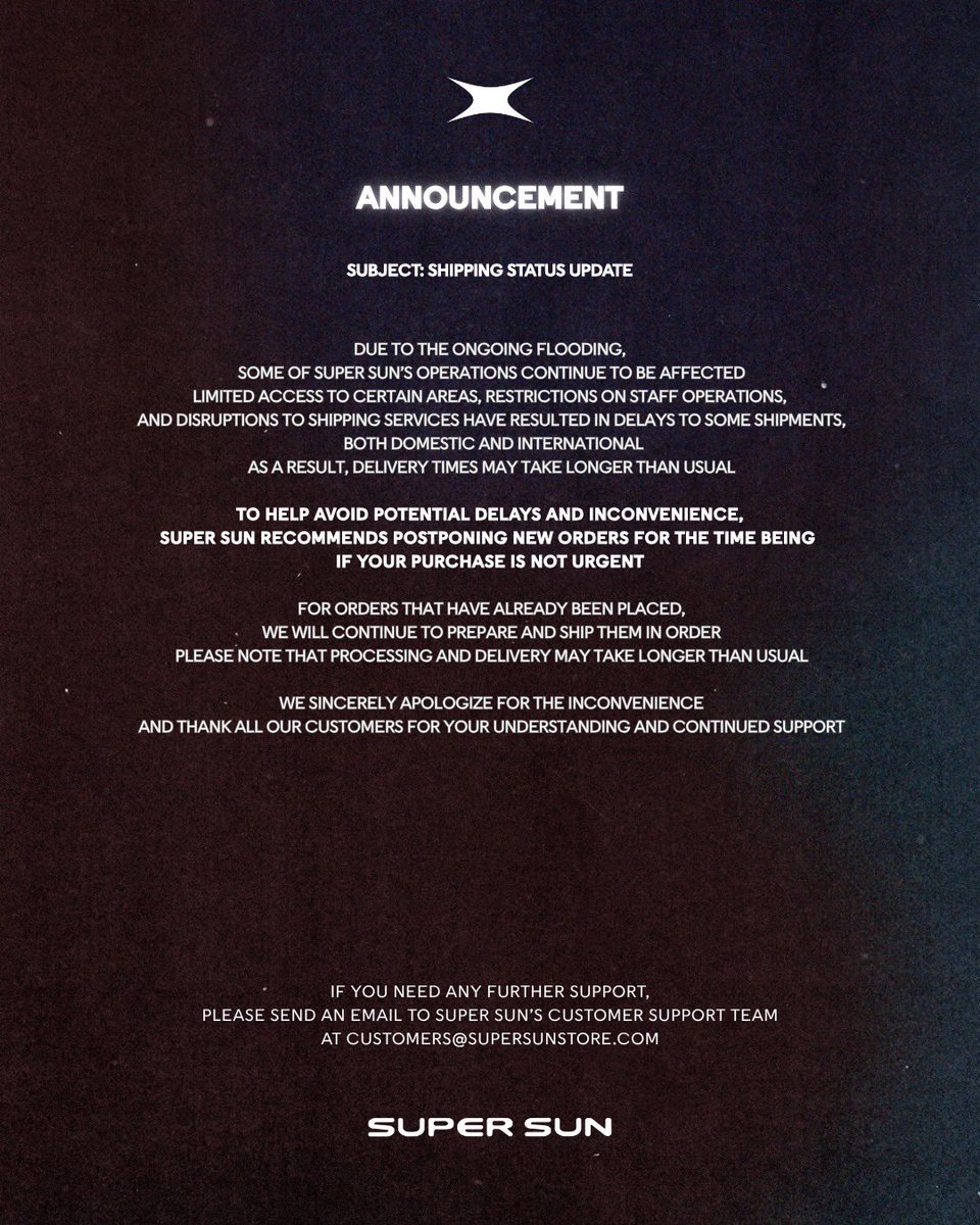 ssupersun's tweet photo. ANNOUNCEMENT: SHIPPING STATUS UPDATE
ประกาศ: แจ้งสถานะการจัดส่งสินค้า

#SUPERSUN https://t.co/T6AMeZXY1B