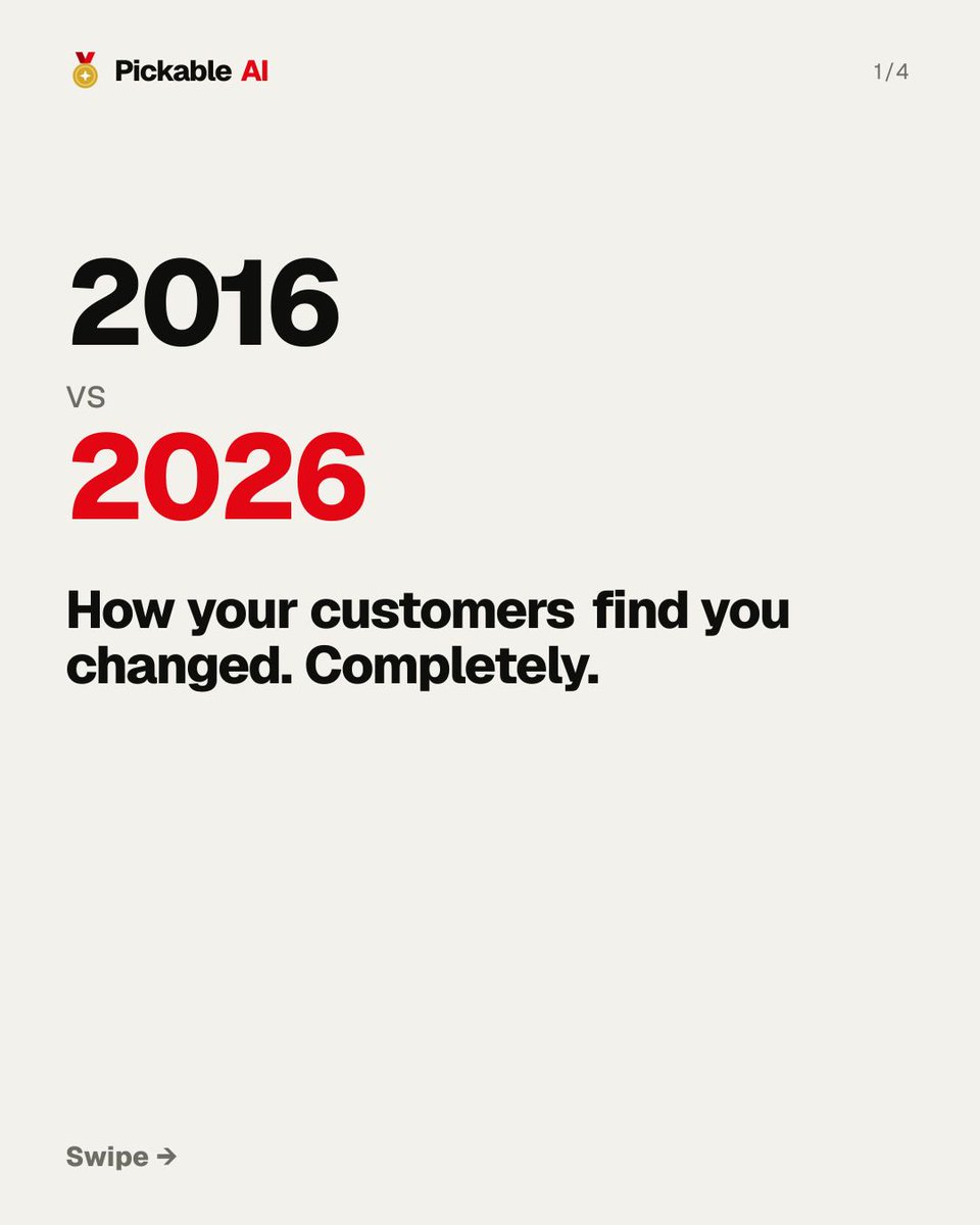 pickableai's tweet photo. How customers find you changed 👇
2016: search, scroll 10 links, compare.
2026: ask ChatGPT, Gemini or Perplexity, get 3 names.

Page 1 used to mean visible. Now only the top 3 exist.
Are you in the 3? Reply with your business + town 👀 https://t.co/QMidyOTsgC