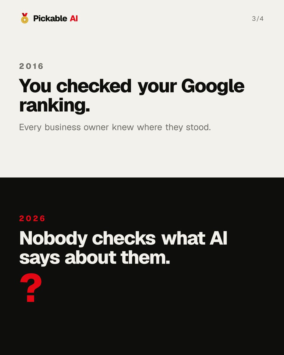 pickableai's tweet photo. How customers find you changed 👇
2016: search, scroll 10 links, compare.
2026: ask ChatGPT, Gemini or Perplexity, get 3 names.

Page 1 used to mean visible. Now only the top 3 exist.
Are you in the 3? Reply with your business + town 👀 https://t.co/QMidyOTsgC