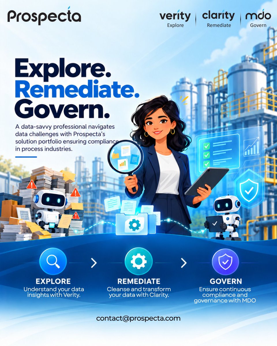 ProspectaMDO's tweet photo. Meet Amelia, Data and Compliance Lead at a specialty chemicals manufacturer.

Her plants run on master data: raw materials, formulations, specifications, suppliers, quality records. And in a regulated environment, every one of those records has to be complete, consistent and defensible, because an auditor could ask about any of them.

The reality is messier. The same raw material is described three different ways across sites. Specs are missing mandatory attributes. Duplicate supplier records make spend and compliance hard to trace. Anaya knows the gaps are there. She just cannot see all of them, cannot fix them fast enough by hand, and cannot stop new ones from being created every day.

Here is how the three Prospecta products work together to solve exactly this.
First, she needs to explore it. Verity profiles the health of her material, spec and supplier data across every system, zero-copy, and surfaces the duplicates, gaps and misclassifications hiding in plain sight, measured against the standards she already runs. For the first time, Anaya has a clear, ranked picture of where she is exposed, before an audit finds it for her.

Then she needs to remediate it. Clarity cleanses, enriches and standardises those records at scale, deduplicating materials, filling missing attributes, and bringing everything to one consistent standard, with AI doing the heavy lifting instead of her team working through it row by row.

Finally, she needs to keep it that way. MDO governs every new and changed record at the source, validating it against business rules, completing it, and routing it for the right approvals before it ever enters the system, with a full audit trail. So the clean, compliant data Anaya worked to achieve stays that way, and compliance becomes built in by design, not reconstructed in a scramble before every inspection.

Explore with Verity. Remediate with Clarity. Govern it with MDO.

For process industries, that is the difference between data that creates audit risk and data that proves you are in control.

See how the Prospecta platform works for process industries: contact@prospecta.com
#ProcessManufacturing #Pharma #Chemicals #DataGovernance #Verity #Clarity #MDO #Prospecta