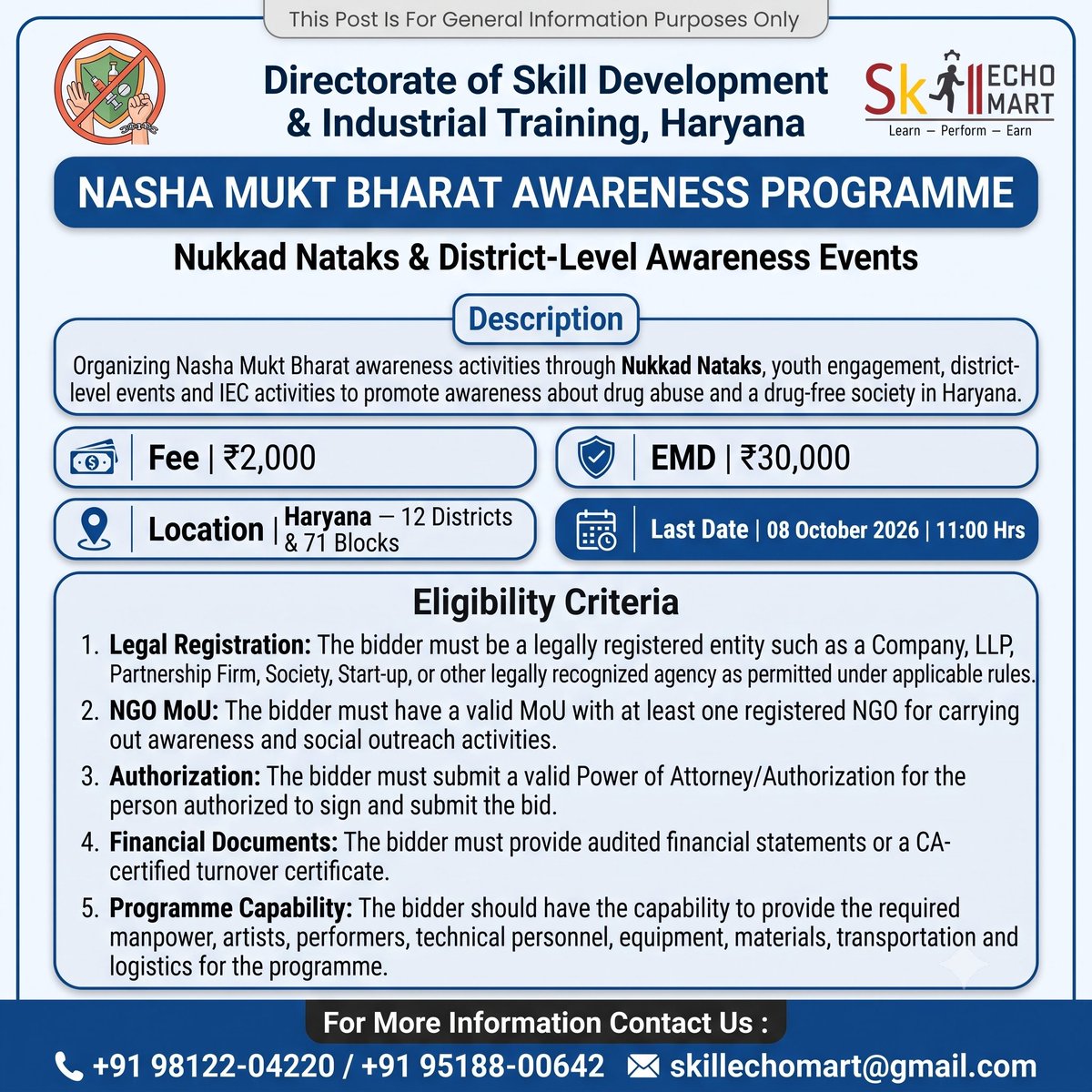 SkillEchoMart's tweet photo. Live Tender Alert: Directorate of Skill Development & Industrial Training, Haryana | Last Date: 08-10-2026, 11:00 AM
#GovernmentTender #HaryanaTender #TenderAlert #NashaMuktBharat #NashaMuktBharatAbhiyan #DrugFreeIndia #AwarenessProgramme #NukkadNatak https://t.co/SE0xSSr922