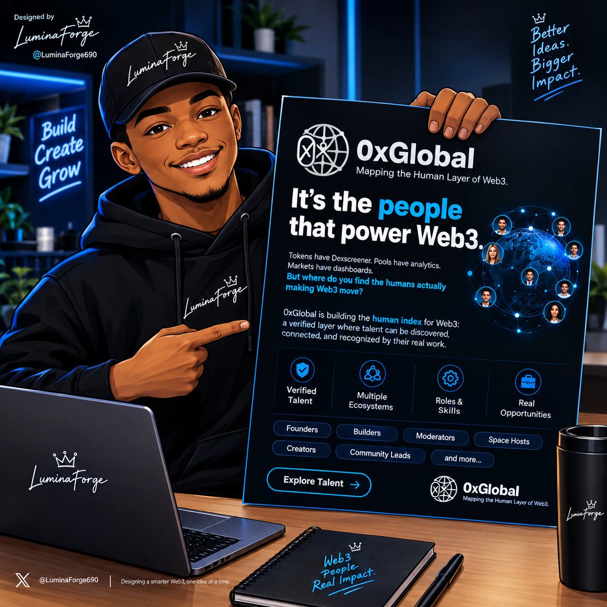 LuminaForge690's tweet photo. Good day CT 👋🏾

I’m bringing you 0xglobal @0xglobalapp , the human index for Web3.

We have tools for tracking tokens, pools, and markets.

But where do you go to find the people actually building Web3?
Founders. Builders. Moderators. Space hosts. Creators. Community leads.

They’re everywhere, but finding the right person, knowing what they do, and seeing their actual work is still harder than it should be.

That’s what 0xGlobal is fixing.
A place where Web3 talent can be discovered, connected, and recognized by their real work.
Real people. Real skills. Real Web3.

We’ve also made an AI available to answer your questions about what we are building and any partnership questions. 

Just dial the number and our assistant will answer ASAP.

+1 (845) 777-4104

Waitlist: https://t.co/DtQ7HQ1S6d

Welcome to 0xGlobal. 🌍