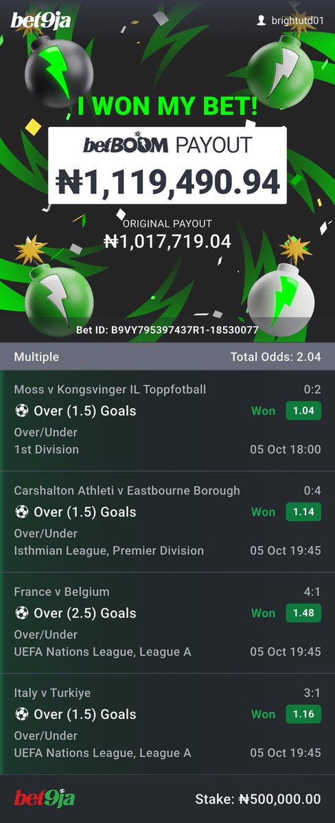 brightutd's tweet photo. GREEN FLAMES ✅✅✅✅

3.4, 2.7 and 2 odds all won on Bet9ja✅✅

2.4million naira won 🏆 

Congrats to all who played https://t.co/YSLwGrmL70