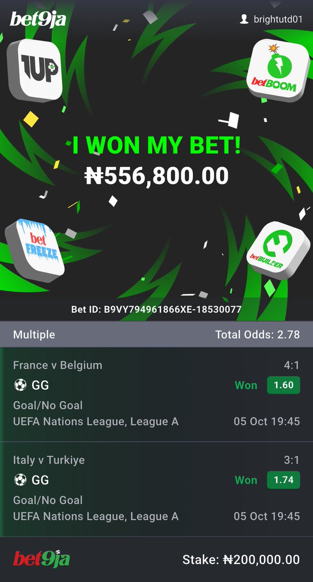 brightutd's tweet photo. GREEN FLAMES ✅✅✅✅

3.4, 2.7 and 2 odds all won on Bet9ja✅✅

2.4million naira won 🏆 

Congrats to all who played https://t.co/YSLwGrmL70