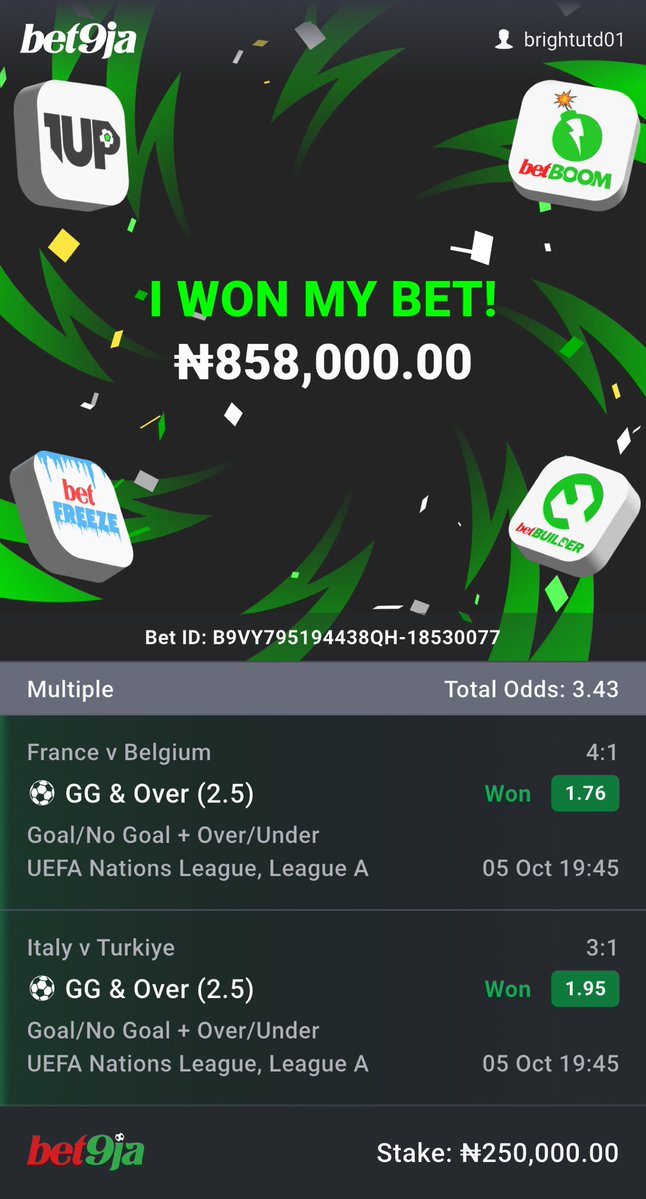 brightutd's tweet photo. GREEN FLAMES ✅✅✅✅

3.4, 2.7 and 2 odds all won on Bet9ja✅✅

2.4million naira won 🏆 

Congrats to all who played https://t.co/YSLwGrmL70