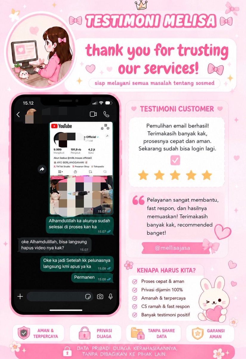 lovlingly's tweet photo. ALL JASA AKUNS

🌸 JASA HAPUS/PULIHKAN AKUN
🌸 JASA PEMULIHAN DAN BALIKIN AKUN LUPA PASSWORD/KE HACK
🌸 JASA LACAK LOKASI
🌸 JASA SADAP WA
🌸 JASA LACAK HP HILANG BY NO HP/IMEI
🌸 JASA HACK/PEMULIHAN AKUN (EMAIL, IG, WA, TWITTER/X, FB, TIKTOK)

☎️ cek WA di bio — fast respon https://t.co/JeekMgUJMH