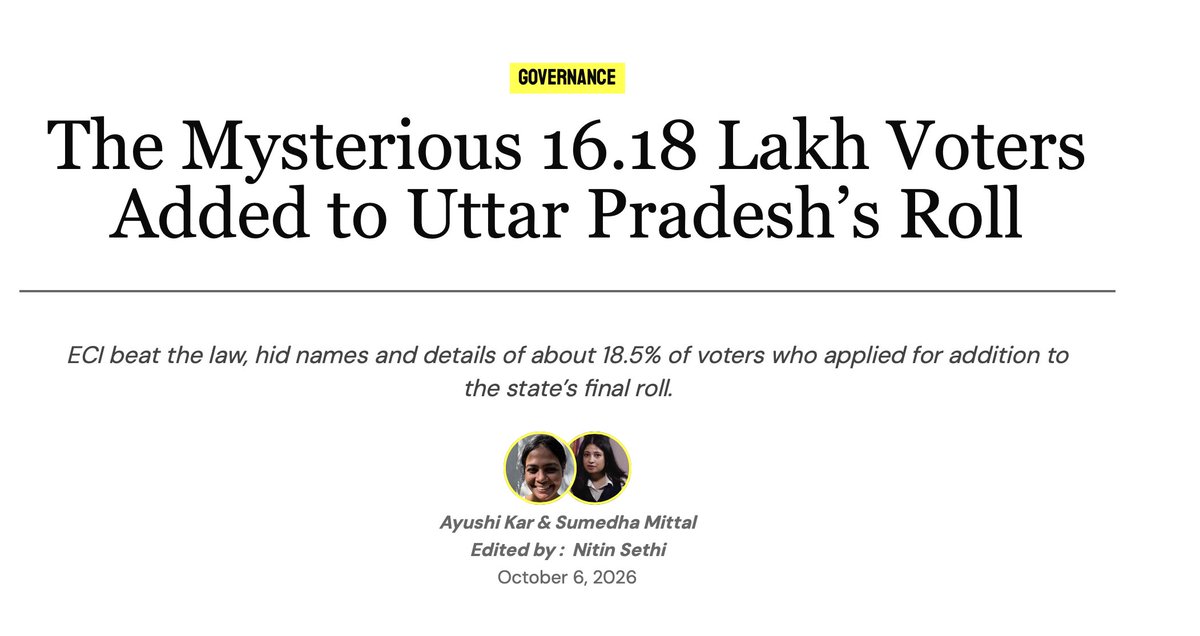 kkjourno's tweet photo. वोट चोरी का एक और कारनामा 

यूपी की वोटर लिस्ट में 16.18 लाख आवेदनों का ब्यौरा गायब 

द रिपोर्टर्स कलेक्टिव की रिपोर्ट ने उठाए गंभीर सवाल 

खबर के अनुसार, SIR के बाद यूपी की वोटर लिस्ट में शामिल किए गए 16.18 लाख वोटर के आवेदनों की सूची और विवरण आयोग की वेबसाइट पर मौजूद नहीं हैं। 

यह कानून का साफ उल्लंघन है। आयोग ने नये जुड़े 16.18 लाख वोटर्स की पहचान छिपाई है। 

चुनाव आयोग ने यूपी की वोटर लिस्ट में नाम जोड़ने के लिए 71.38 लाख आवेदनों का विवरण सार्वजनिक किया 

लेकिन अंतिम सूची में 84.30 लाख मतदाता जोड़ दिए, ये 12.92 लाख अतिरिक्त लोग कहां से आए? 

रिपोर्टर आयुषी कर को पड़ताल में आयोग की एक प्रेस विज्ञप्ति मिली, जिसमें ड्राफ़्ट सूची जारी होने से पहले 16.18 लाख अतिरिक्त आवेदनों का ज़िक्र था। लेकिन इनके नाम और विवरण सार्वजनिक नहीं किए गए। 

ये किस विधानसभा और किस बूथ के आवेदन थे? इनकी जांच कैसे हुई? इसका मिलान कैसे होगा?

रिपोर्टर ने जवाब मांगा तो यूपी के मुख्य निर्वाचन अधिकारी बोले - “हम आपकी शंकाएं सुलझाने के लिए कंसल्टेंसी सेवाएं नहीं देते।” 

चुनाव आयोग अपने को देश का मालिक समझ बैठा है। उसे लगता है कि वह किसी सवाल का जवाब देने के लिए बाध्य नहीं है। क्योंकि वह जनता के लिए नहीं, पार्टी के लिए काम कर रहा है।