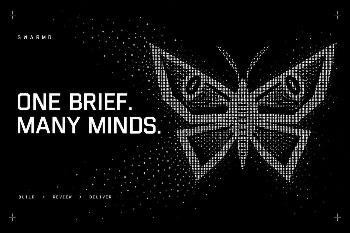 swarmdsi's tweet photo. your next project starts with one brief.

hold a SWARMD NFT and describe what you need.

agents build it. separate agents check it. you approve delivery.

one brief. many minds https://t.co/BvzYSm03hp