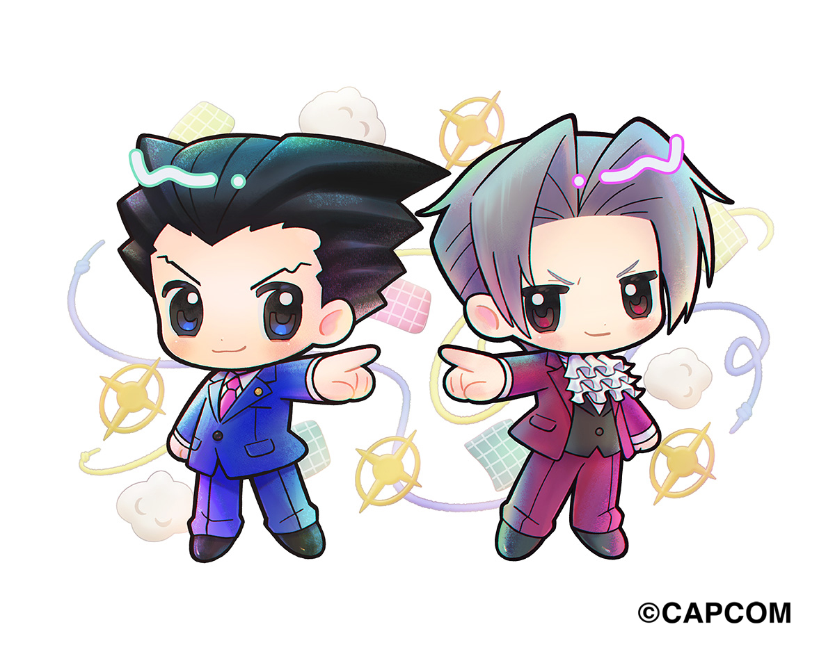 CAPCOM_AWT's tweet photo. カプコン公式グッズ「#ちびかぷ」のイラストを描きました！第1弾は #逆転裁判 の成歩堂と御剣です💁本日より、このイラストを元にしたぬいぐるみが受注開始しております！ぜひおうちに迎えて、いろんな所へ連れていってあげてくださいね(片岩ゆり)🍎🫖⚖️📚
https://t.co/bHSerDOUOO https://t.co/4JWoAHZsb1