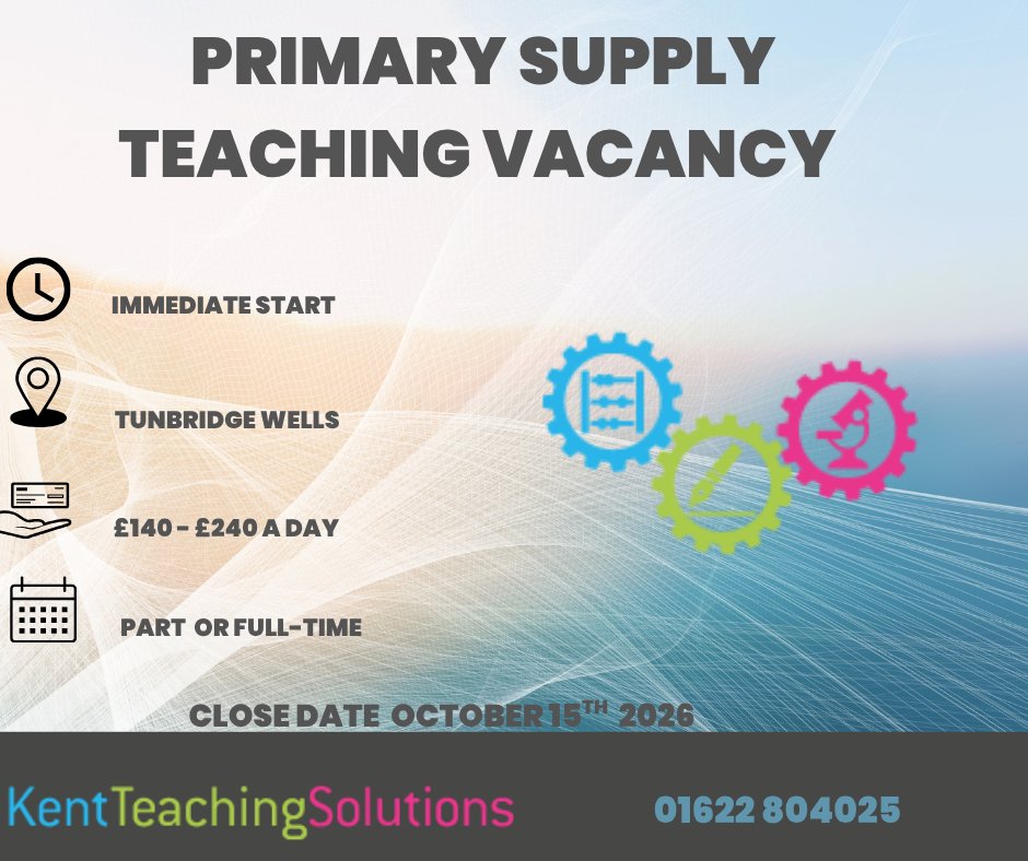 KentteachingKTS's tweet photo. Kent Teaching Solutions is seeking 3 Primary Supply Teachers to work across 4 welcoming primary schools throughout Tunbridge Wells Tonbridge. Anything from 1 - 5 days a week available. Please click the link below so we can get you started immediately.

https://t.co/taqzaBWVVw https://t.co/4T7zfIiCp8