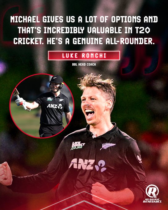 A graphic featuring cricketer Michael (likely Michael Bracewell) in an ANZ/Melbourne Renegades jersey, with a quote attributed to Luke Ronchi, BBL Head Coach, praising him as a genuine all-rounder.