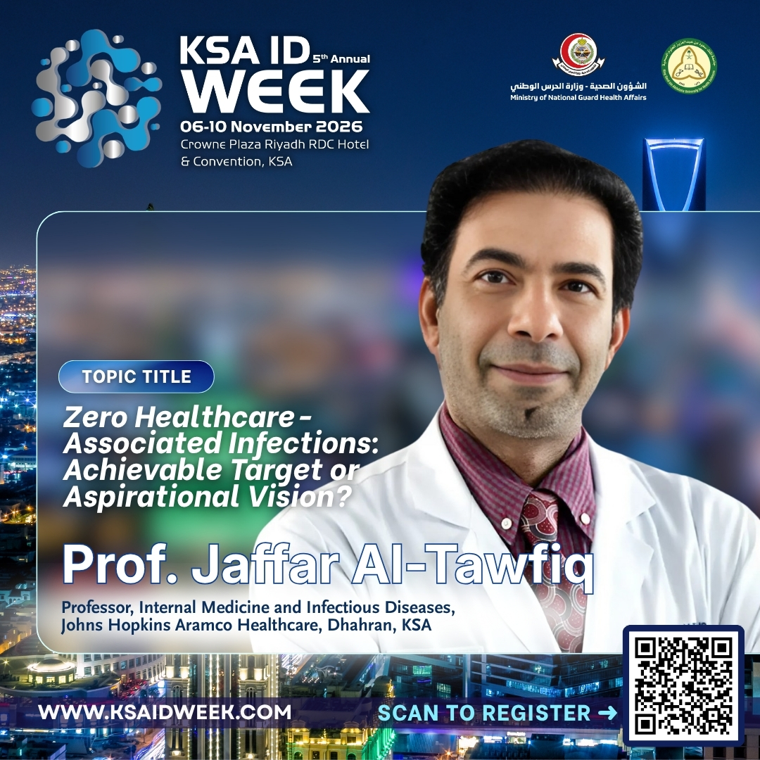 IDprofs's tweet photo. We are please to welcome PROF. JAFFAR AL-TAWFIQ to KSA ID Week 2026. 📢

Learn from the expert - register today!
📅 6-10 November 2026 | 📍 Crowne Plaza RDC, KSA
🌐 https://t.co/lE7NvY6ltJ

#KSAIDWeek2026 #InfectiousDiseases #MedicalEducation #Healthcare #Riyadh #SaudiArabia https://t.co/HpwIqeUT1u