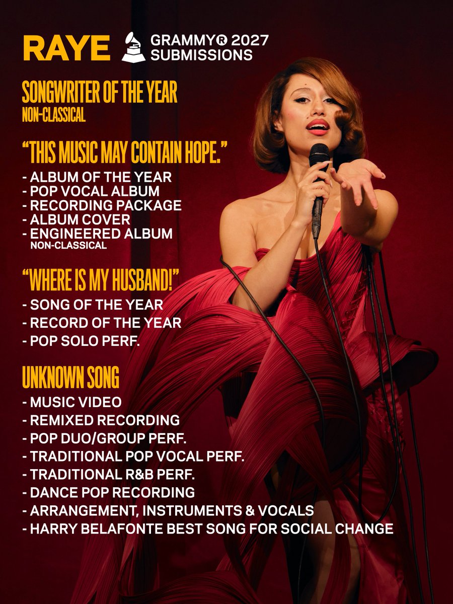 RayeChina's tweet photo. 📩 RAYE’s confirmed category submissions for the 2027 #GRAMMYs (specific songs TBD) https://t.co/iEG16JNHF0