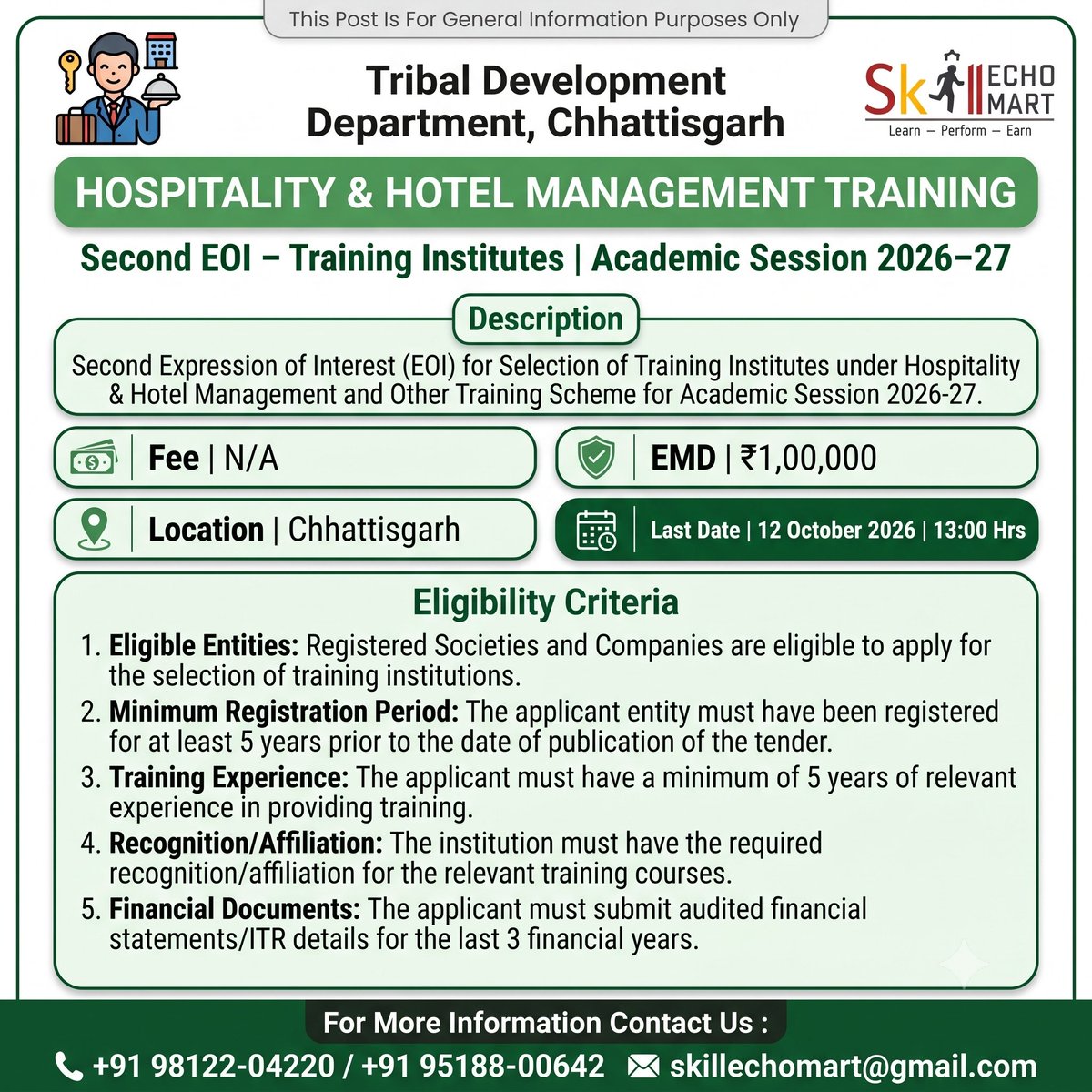 SkillEchoMart's tweet photo. Live Tender Alert: Tribal Development Department, Chhattisgarh | Last Date: 12-10-2026, 1:00 PM
#GovernmentTender #ChhattisgarhTender #TenderAlert #HospitalityTraining #HotelManagement https://t.co/P0b3CO51sd