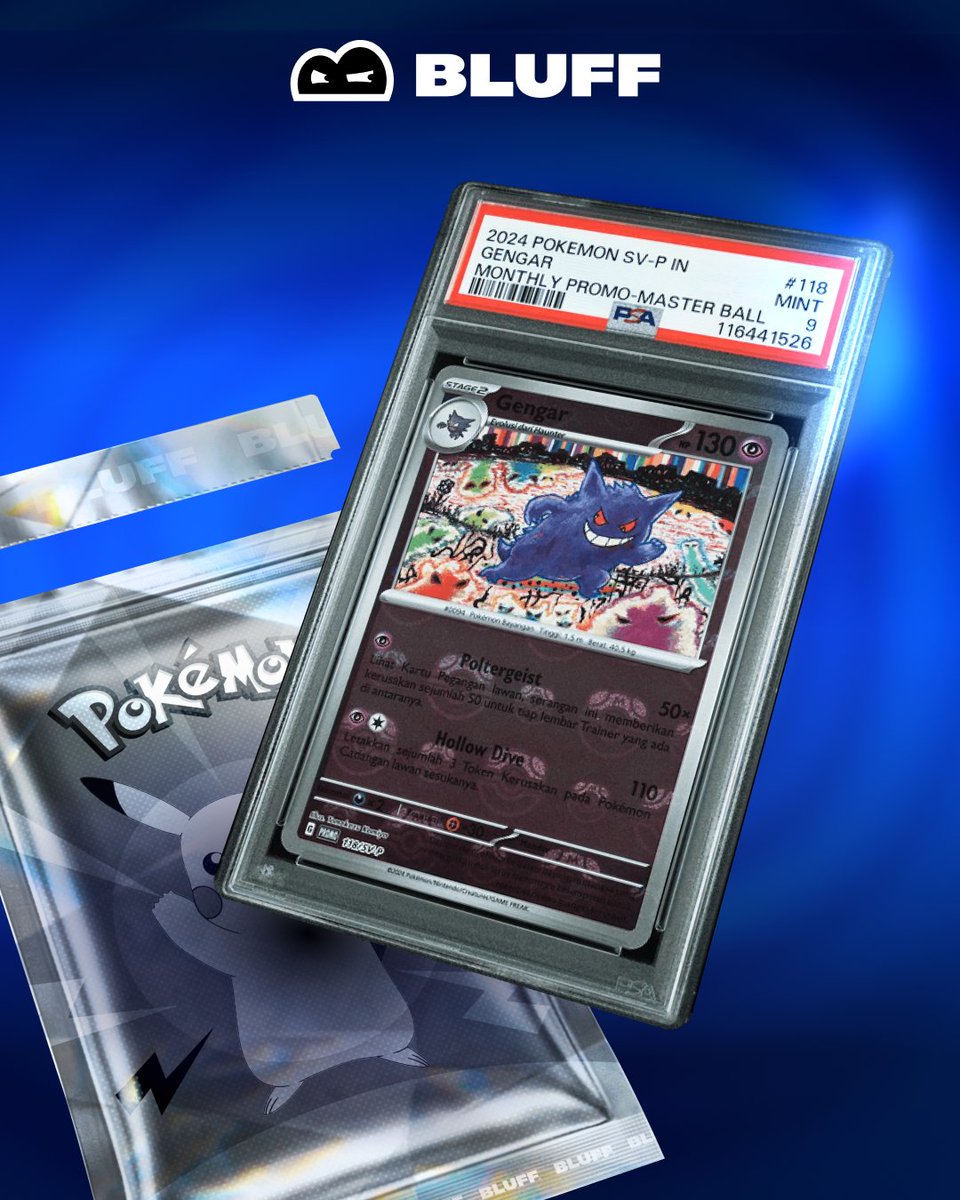 bluffcom's tweet photo. Our Pokémon Pack is haunted 👀

The grail is a PSA 9 Master Ball Gengar, in there somewhere.

Worth $50,000 to whoever finds him.

Get ripping on https://t.co/UmJQdwGPtg https://t.co/z9pJrihGdW