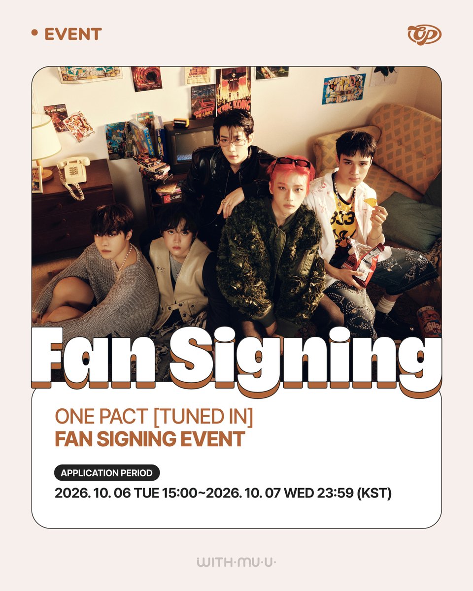 Withmuu_twt's tweet photo. [💿] ONE PACT Digital Single [TUNED IN] 이벤트 안내

[ 🕒 응모 기간 ] 
10/6(화) 15:00 ~ 10/7(수) 23:59 (KST)

[ 🎁 응모자 특전 ] 
- 대면 : 미공개 포토카드 4종 중 1종 랜덤 증정 (하트빨대 ver.)
- 반려돌 만들기/영통 : 미공개 포토카드 6종 중 1종 랜덤 증정 (행운거북이 ver.) 

[ 🎁 당첨자 특전 ]
- 대면 : 친필 사인 폴라로이드 1매 증정 (4명 추첨/멤버 랜덤)
- 반려돌 만들기 : 아티스트와 함께 만든 반려돌 완성품 증정, 친필 사인 폴라로이드 1장 (6명 추첨 / 당첨 멤버)
- 영통 : 친필 사인 폴라로이드 1매 증정 (4명 추첨/멤버 랜덤)

✅ 이벤트 일시: 10/11(일) 15:00 ~
📢 당첨자 발표: 10/8(목) 15:00 이후

🔗KR https://t.co/Jcvg3v1GPf
🔗CN https://t.co/TlpQoT0Aet
🔗JP https://t.co/bFN8DfGx1r
🔗GLOBAL https://t.co/L4jByyBw5D

원팩트 사인회 응모가 시작되었습니다!
지금 #위드뮤 에서 확인해 주세요!

#ONEPACT #원팩트
#TUNED_IN #U_so_hot