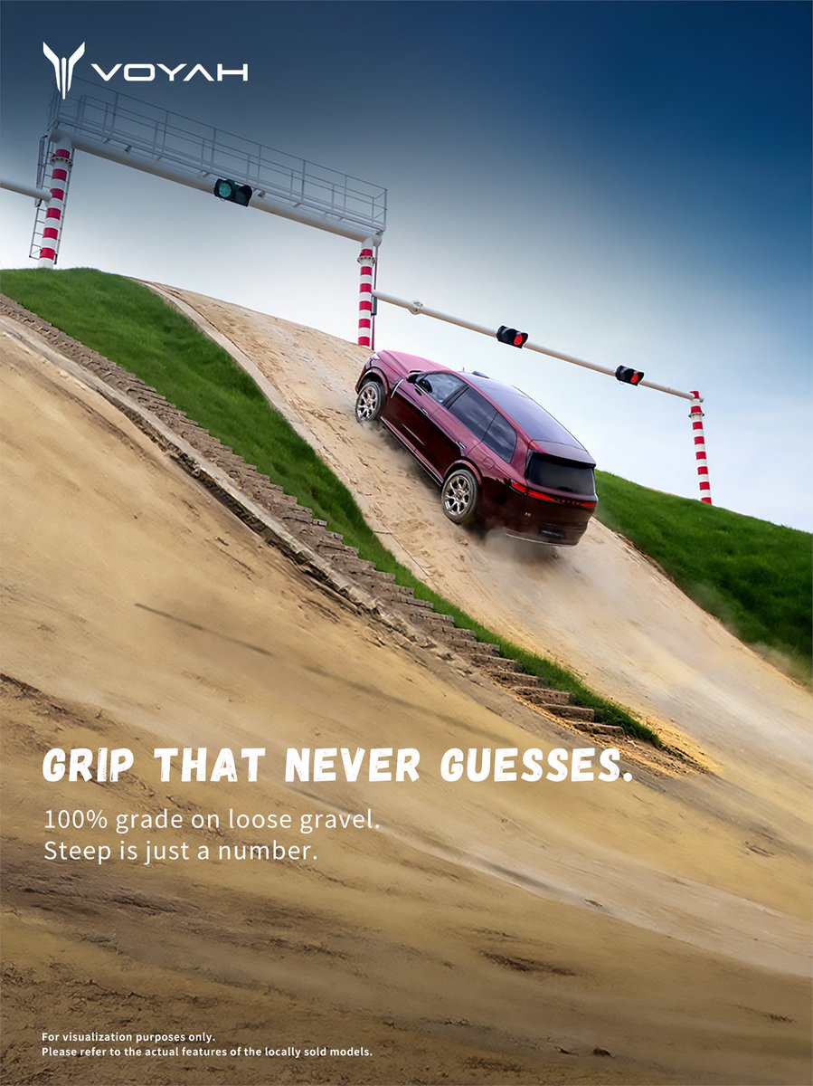 VOYAH_Motor's tweet photo. No Slope Too Steep. ⛰️
Loose gravel. Rock faces. V-ditches.
Bring on the rough stuff.
#VOYAHTAISHAN is built to take on challenging terrain and keep moving forward.
The real question: What’s next? 🔥
#VOYAH #FreedomToExplore https://t.co/t5BAHnrHCB