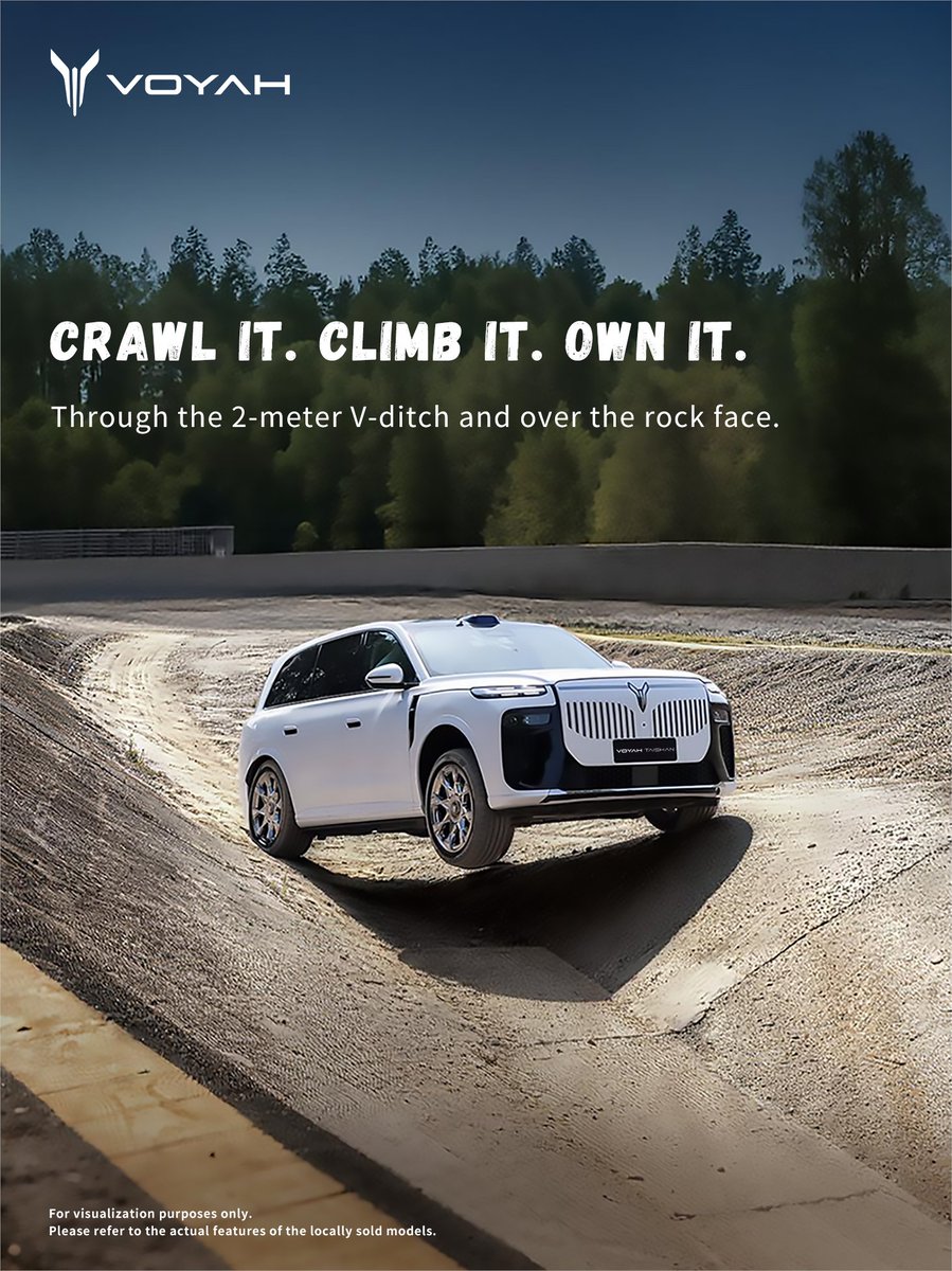 VOYAH_Motor's tweet photo. No Slope Too Steep. ⛰️
Loose gravel. Rock faces. V-ditches.
Bring on the rough stuff.
#VOYAHTAISHAN is built to take on challenging terrain and keep moving forward.
The real question: What’s next? 🔥
#VOYAH #FreedomToExplore https://t.co/t5BAHnrHCB