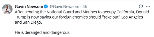 YourAnonCentral's tweet photo. The governor of California Gavin Newsom response to Trump:

"He is deranged and dangerous."

Trump: "[Iran] can take out a city. Let them take out Lo Angeles or San Diego. This is a very small price to pay. It's essentially almost over with," https://t.co/IQ4l3XbHS2