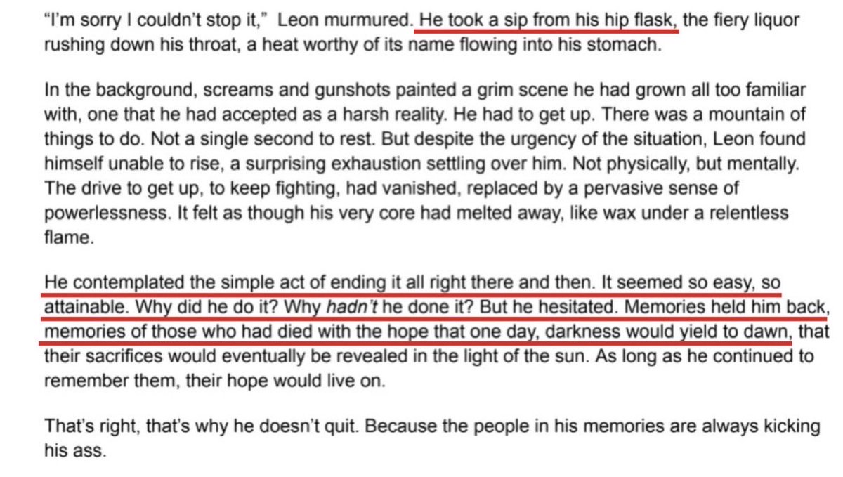 sweatychreon's tweet photo. thinking about the damnation novel &amp; put together some of the times where we get a look into leon’s mental state

it’s not often we get personal information about leon, so reading about his depression, religious feelings, drinking habits &amp; his grandmother is really something https://t.co/kV6973mDpJ