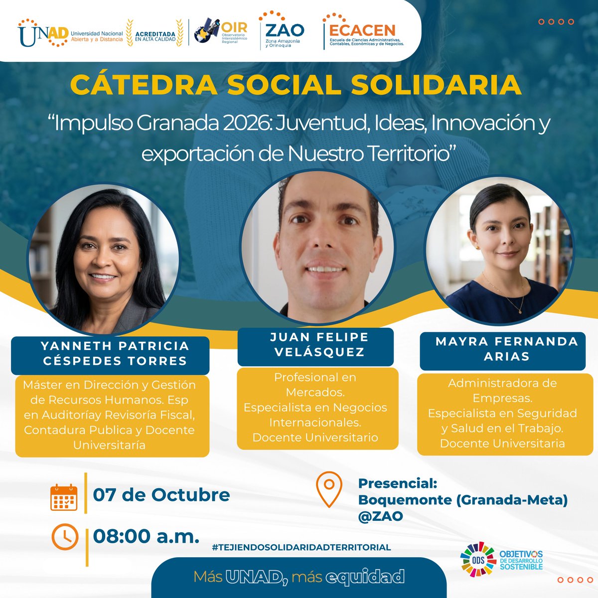 ElOIRdelaRegion's tweet photo. #CátedraSocialSolidaria🌱✨¡El territorio se impulsa con ideas que transforman! La  llega a Granada, Meta, con “Impulso Granada 2026: Juventud, Ideas, Innovación y Exportación de Nuestro Territorio”, un espacio para encontrarnos, compartir saberes y reconocer el talento, las iniciativas y las oportunidades que nacen desde nuestros territorios. 🚀🌎
📅 7 de octubre de 2026
🕗 8:00 a. m.
📍 Presencial – Boquemonte, Granada (Meta)
🤝 #SISSU #ECACEN  @unadzao 
💡 Una oportunidad para que la juventud sea protagonista, conecte sus ideas con la innovación y proyecte el potencial de Granada hacia nuevos escenarios.
#CátedraSocialSolidaria #ImpulsoGranada2026 #JuventudQueTransforma #InnovaciónTerritorial #UNAD #TerritoriosQueTransforman