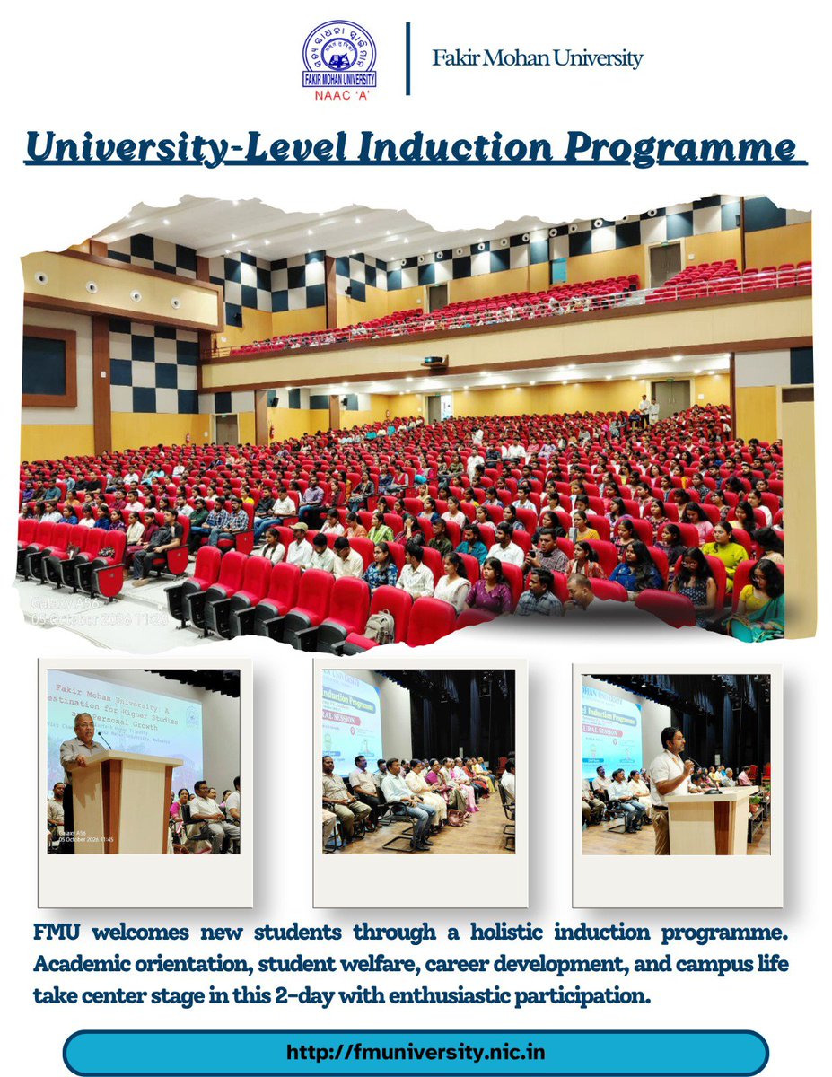 FMUniversityBLS's tweet photo. π A new journey begins at FMU!
Fakir Mohan University welcomes its newly enrolled students through a 2-day University-Level Induction Programme, fostering academic orientation, student welfare, campus engagement, career readiness and holistic growth.
#FMU #InductionProgramme https://t.co/NUBpIXD155