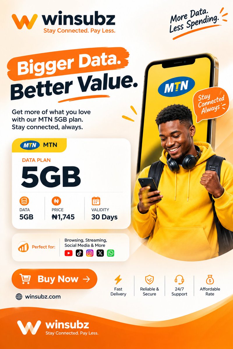 winsubz's tweet photo. Get 5GB MTN Data for just ₦1,745 — valid for 30 days.

Perfect for browsing, social media, streaming, work, school and everyday online activities.

5GB. 30 Days. ₦1,745.
Why pay more when you can get more value? 👌

👉 https://t.co/jjcaF7nZph

Winsubz – Stay Connected. Pay Less https://t.co/jSYL0qyWGN