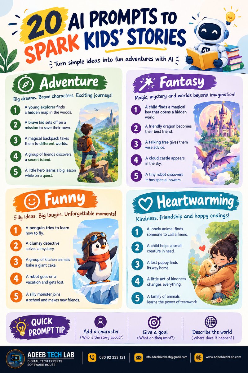 AdeebTechLab's tweet photo. 20 AI Prompts to Spark Creative Kids’ Stories 🤖📚 | Turn Ideas into Adventures
 
#AI #AIPrompts #AIForKids #Storytelling #CreativeWriting #KidsStories #AIEducation #ArtificialIntelligence #ChatGPT #CreativeAI #StoryIdeas #AITools #TechTips #DigitalCreativity https://t.co/q7dTXyd5e8