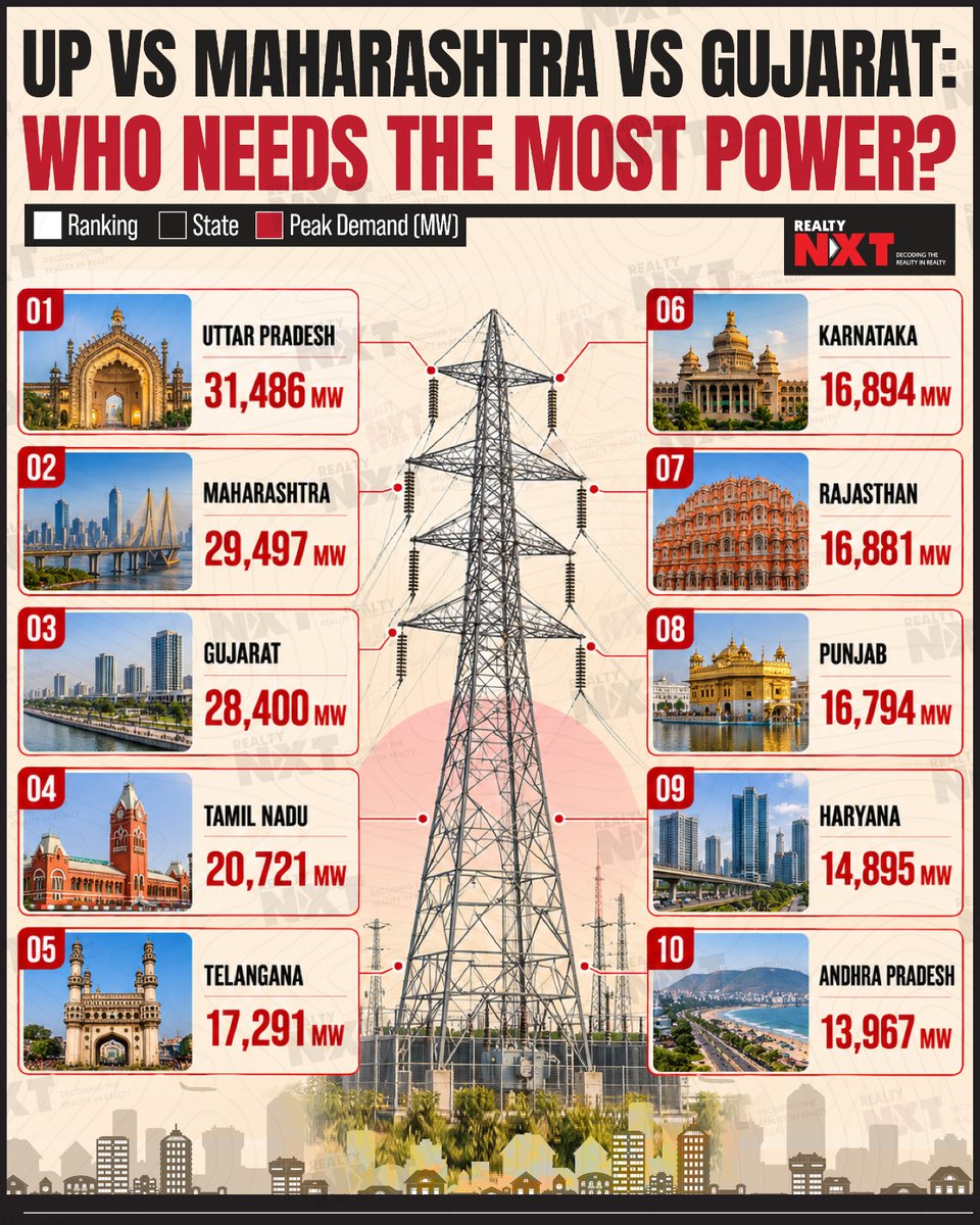 RealtyNXT's tweet photo. #RealtyNXTExclusive | UP tops India’s peak power demand at 31,486 MW, followed by Maharashtra and Gujarat. See how the top 10 states compare in peak electricity demand.

#RealtyNXT #PeakPowerDemand #PowerDemand #ElectricityDemand https://t.co/LIcFMmjXuc