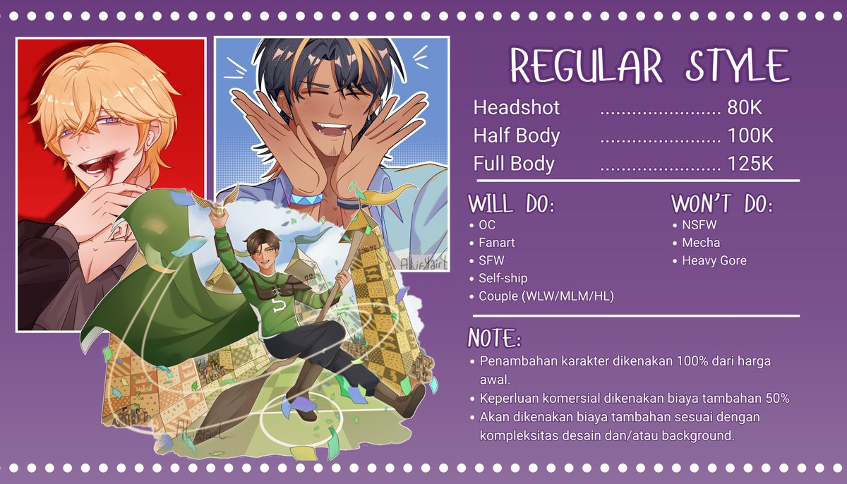 alifyairl's tweet photo. 🩷+🔄️Appreciated!

Hello everyone! I'm open for commission (local only). Please read the Terms of Service first before commissioning me. Also, more samples of my art can be seen on this thread. Thank you! :D

#zonauang #zonajajan #artidn #zonakaryaid #commissionopenㅤ https://t.co/yeN2fjfJNt