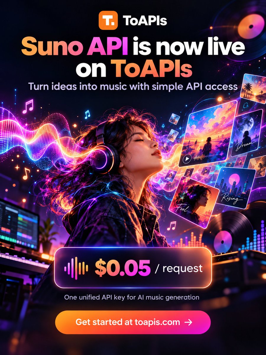 toapisai's tweet photo. 🚀 Suno API is now live on ToAPIs!
Generate AI music with simple API access.
🎵 $0.05 / request
🔑 One unified ToAPIs API key
⚡ Easy integration
🎧 Built for AI music generation
#Suno #AIAPI #AIMusic #GenerativeAI #ToAPIs https://t.co/PxYRYLdfkr