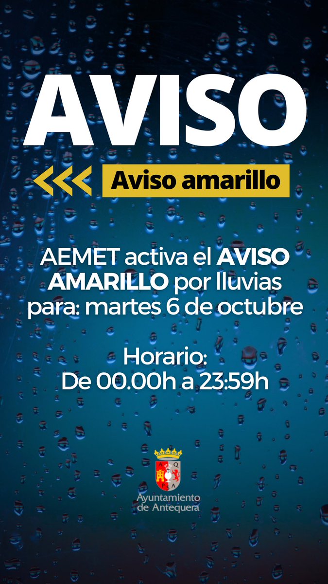 AytoAntequera's tweet photo. ℹ️ Información de servicio público

⛈️ Aviso de NIVEL AMARILLO por lluvias en Antequera, con episodios de gran intensidad y granizo

▫️Martes 6 #octubre
▫️De 00.00h a 23.59h

INFORMACIÓN:
⚠️ Mucha precaución
📱 Fuentes oficiales
🛵 Evita desplazamientos https://t.co/B7Ooerl6Ky