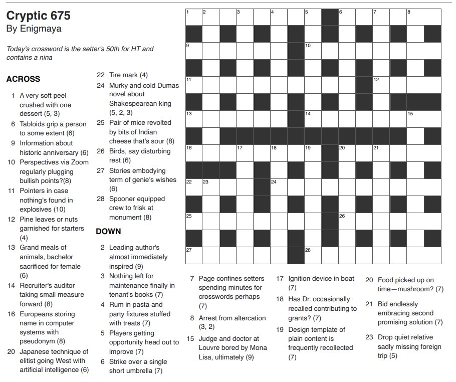 somsram's tweet photo. My latest puzzle in Hindustan Times today marks my 50th cryptic  as Enigmaya. 

Solve free online at https://t.co/sk9MkBhLWs

@enigmatistelgar @dzharrison @HT_Ed @KabirFiraque @ndcnn @ramkid 

#cryptic #crossword https://t.co/Vq7VAJuOfG