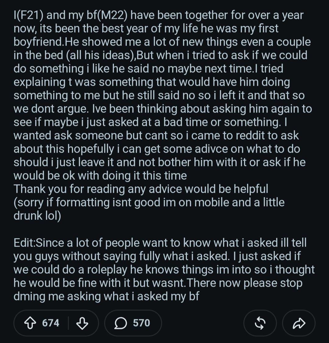 subuNFT's tweet photo. I want to ask my bf again to do something in bed after he said no

#bfstories #askbf #reddit #roleplay https://t.co/HgkwJHsUM0