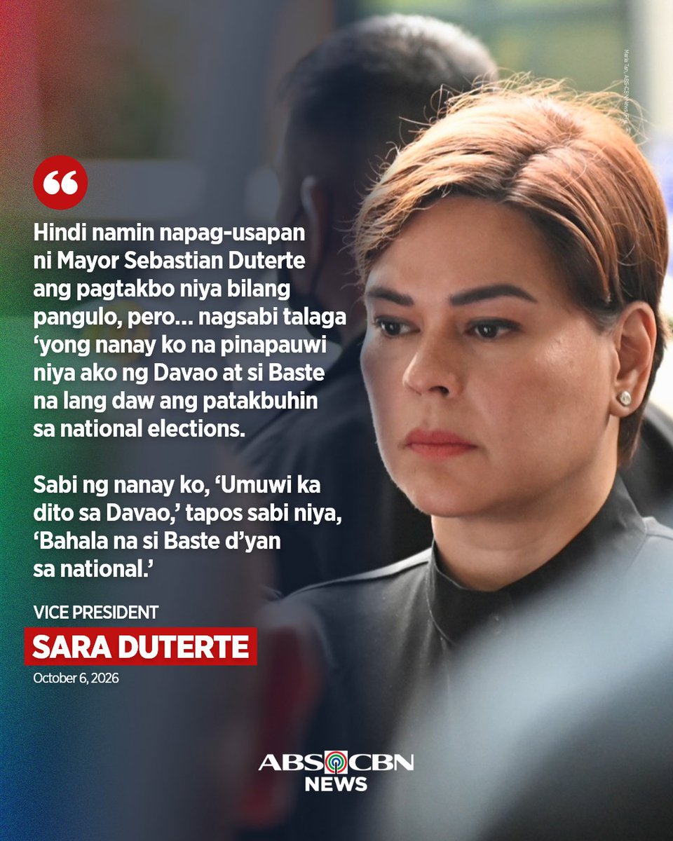 ABSCBNNews's tweet photo. SI BASTE NA ANG TATAKBO?
 
Sinabihan umano si Vice President Sara Duterte ng kaniyang ina na magparaya na para makatakbo ang kapatid na si Davao City Mayor Sebastian Duterte sa pagkapangulo sa halalan 2028. https://t.co/8ytt4k0Fbh