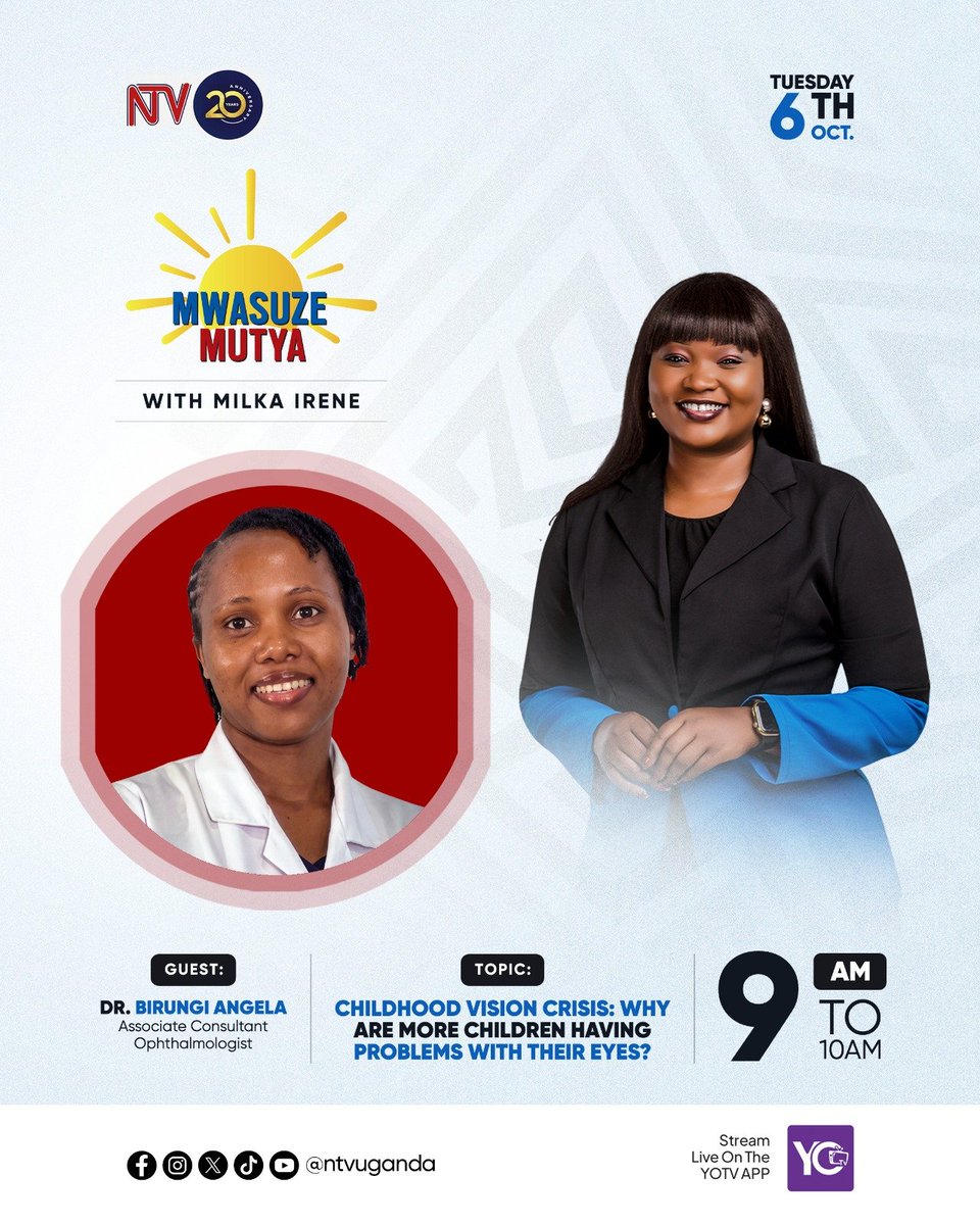 mengo_hospital's tweet photo. Don't miss this!

In the lead time up to World Sight Day, our very own Dr. Angela Birungi will be on Mwasuze Mutya with Milka Irene today! 

She will be discussing the rising childhood vision crisis, cataracts, glaucoma and diabetic retinopathy. 

#WorldSightDay #MengoCares https://t.co/4PXRWSZDvi