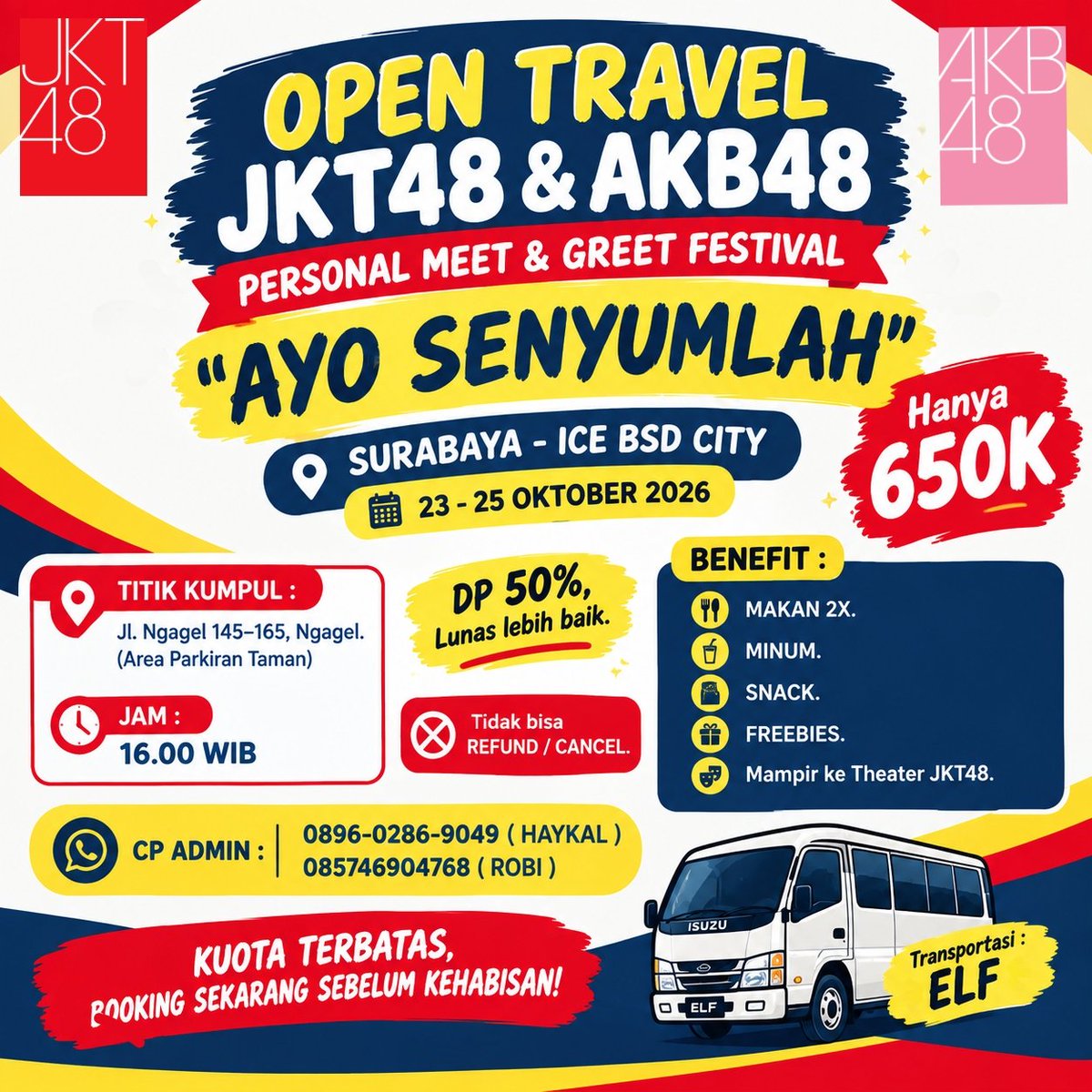 fadilkarimmm's tweet photo. Tersisa 2 slot! Amankan sekarang! 😉
JKT48 &amp; AKB48 PERSONAL MEET AND GREET FESITAVAL "AYO SENYUMLAH"

#JKT48 
#AKB48
#SURABAYA
#OPENTRIP 
#MNG https://t.co/LryV96zfkQ