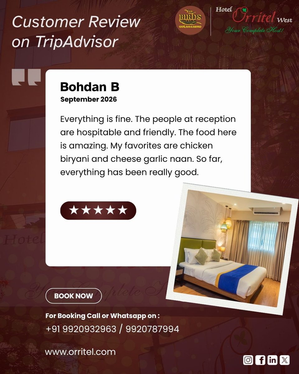 OrritelWest's tweet photo. Review from our esteemed Guest on TripAdvisor...
Contact Us:
Phone: +91 9920932963 / 9920787994
Email: orritelwest@gmail.com
#customerreview #feedback #happycustomer #customerreviews #hotel #hotelreview #hotelreviews #reviews #tripadvisor #tripadvisorreview https://t.co/9WsNAs77Co